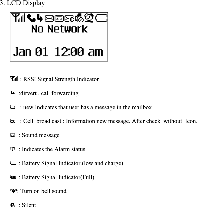 3. LCD Display : RSSI Signal Strength Indicator   :dirvert , call forwarding  : new Indicates that user has a message in the mailbox : Cell  broad cast : Information new message. After check  without  Icon.   : Sound message   : Indicates the Alarm status  : Battery Signal Indicator.(low and charge)  : Battery Signal Indicator(Full) : Turn on bell sound   : Silent                                                          