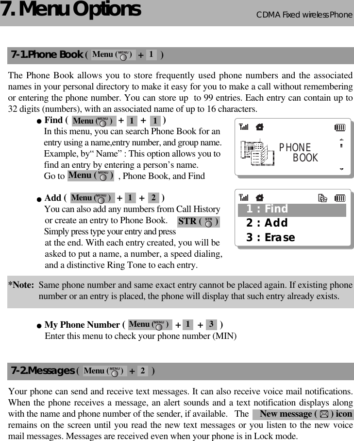 CDMA 2000 1XWLL PHONE SXP-800/ 1900TCDMA Fixed wireless Phone107. Menu Options7-1.Phone Book (                     +       )The Phone Book allows you to store frequently used phone numbers and the associatednames in your personal directory to make it easy for you to make a call without rememberingor entering the phone number. You can store up  to 99 entries. Each entry can contain up to32 digits (numbers), with an associated name of up to 16 characters.Find (                     +       +       )In this menu, you can search Phone Book for an entry using a name,entry number, and group name. Example, by“ Name” : This option allows you tofind an entry by entering a person’s name. Go to                        , Phone Book, and FindAdd (                     +       +       )You can also add any numbers from Call Historyor create an entry to Phone Book.   Simply press type your entry and pressat the end. With each entry created, you will beasked to put a name, a number, a speed dialing,and a distinctive Ring Tone to each entry.*Note:  Same phone number and same exact entry cannot be placed again. If existing phonenumber or an entry is placed, the phone will display that such entry already exists.My Phone Number (                     +       +       )Enter this menu to check your phone number (MIN)Your phone can send and receive text messages. It can also receive voice mail notifications.When the phone receives a message, an alert sounds and a text notification displays alongwith the name and phone number of the sender, if available.   The remains on the screen until you read the new text messages or you listen to the new voicemail messages. Messages are received even when your phone is in Lock mode. New message (      ) icon7-2.Messages (                     +       )2 : Add3 : Erase1 : FindPHONE    BOOKMenu (      )STR (      )Menu (      ) 1Menu (      ) 2Menu (      ) 1 1Menu (      ) 1 2Menu (      ) 1 3