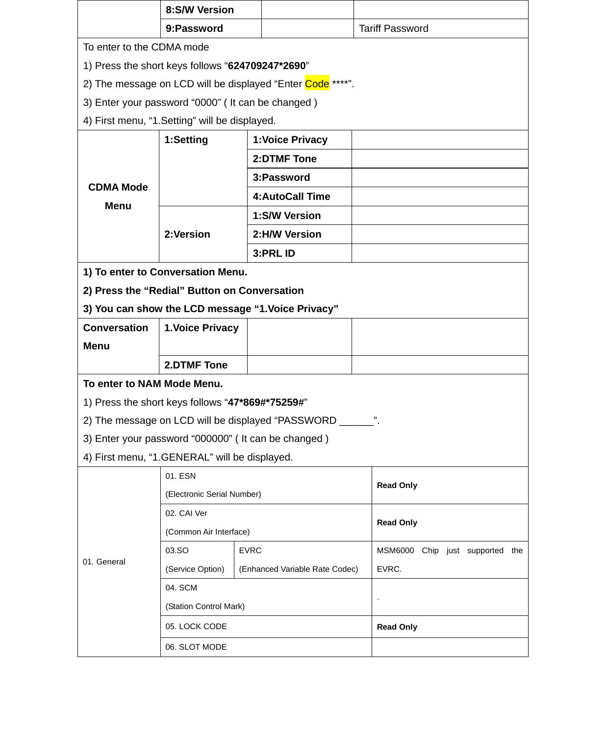 8:S/W Version     9:Password   Tariff Password To enter to the CDMA mode 1) Press the short keys follows “624709247*2690” 2) The message on LCD will be displayed “Enter Code ****”. 3) Enter your password “0000” ( It can be changed ) 4) First menu, “1.Setting” will be displayed. CDMA Mode Menu 1:Setting 1:Voice Privacy  2:DTMF Tone   3:Password   4:AutoCall Time   2:Version 1:S/W Version   2:H/W Version   3:PRL ID   1) To enter to Conversation Menu. 2) Press the “Redial” Button on Conversation 3) You can show the LCD message “1.Voice Privacy” Conversation Menu 1.Voice Privacy    2.DTMF Tone     To enter to NAM Mode Menu. 1) Press the short keys follows “47*869#*75259#” 2) The message on LCD will be displayed “PASSWORD ______”. 3) Enter your password “000000” ( It can be changed ) 4) First menu, “1.GENERAL” will be displayed. 01. General   01. ESN (Electronic Serial Number)  Read Only 02. CAI Ver (Common Air Interface)  Read Only 03.SO (Service Option) EVRC (Enhanced Variable Rate Codec) MSM6000 Chip just supported the EVRC. 04. SCM (Station Control Mark)  . 05. LOCK CODE  Read Only 06. SLOT MODE   