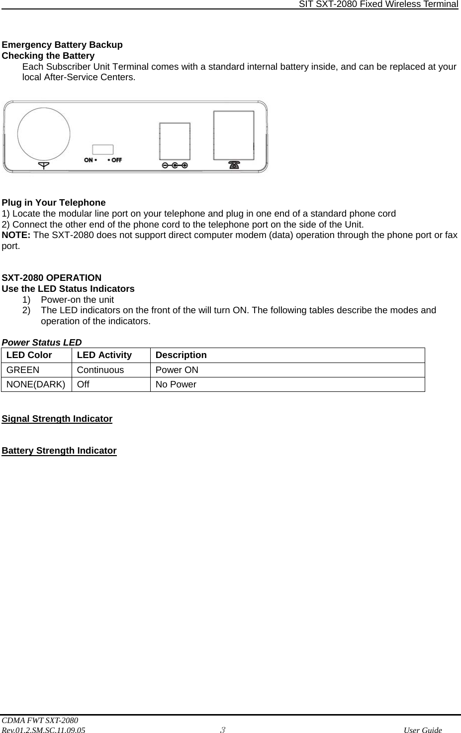                SIT SXT-2080 Fixed Wireless Terminal  CDMA FWT SXT-2080 Rev.01.2.SM.SC.11.09.05 3              User Guide   Emergency Battery Backup Checking the Battery Each Subscriber Unit Terminal comes with a standard internal battery inside, and can be replaced at your local After-Service Centers.    Plug in Your Telephone 1) Locate the modular line port on your telephone and plug in one end of a standard phone cord   2) Connect the other end of the phone cord to the telephone port on the side of the Unit. NOTE: The SXT-2080 does not support direct computer modem (data) operation through the phone port or fax port.   SXT-2080 OPERATION Use the LED Status Indicators 1)  Power-on the unit   2)  The LED indicators on the front of the will turn ON. The following tables describe the modes and operation of the indicators.  Power Status LED LED Color  LED Activity  Description GREEN Continuous Power ON NONE(DARK) Off  No Power   Signal Strength Indicator   Battery Strength Indicator                      