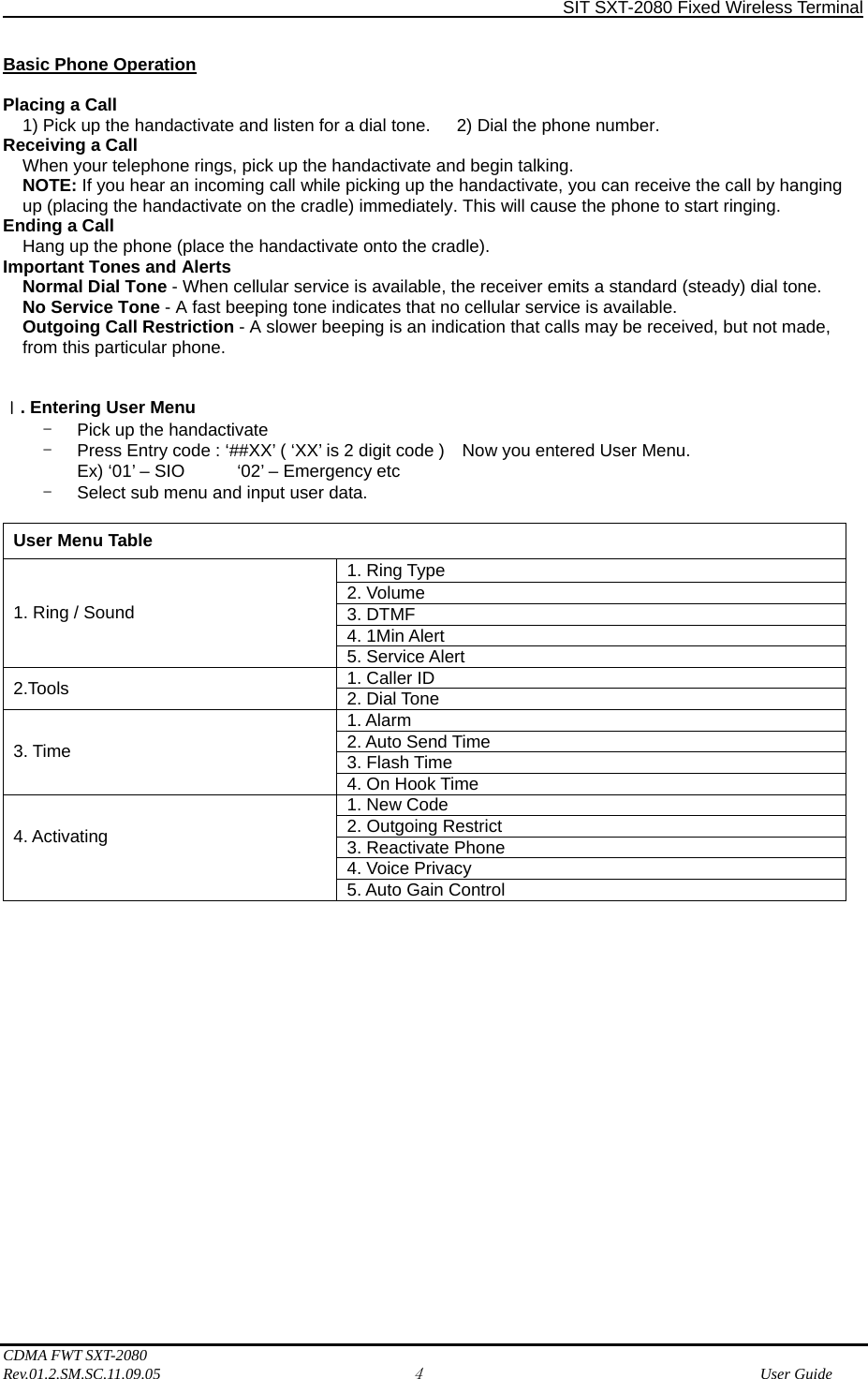                SIT SXT-2080 Fixed Wireless Terminal  CDMA FWT SXT-2080 Rev.01.2.SM.SC.11.09.05 4              User Guide  Basic Phone Operation  Placing a Call 1) Pick up the handactivate and listen for a dial tone.      2) Dial the phone number. Receiving a Call When your telephone rings, pick up the handactivate and begin talking. NOTE: If you hear an incoming call while picking up the handactivate, you can receive the call by hanging up (placing the handactivate on the cradle) immediately. This will cause the phone to start ringing. Ending a Call Hang up the phone (place the handactivate onto the cradle). Important Tones and Alerts Normal Dial Tone - When cellular service is available, the receiver emits a standard (steady) dial tone. No Service Tone - A fast beeping tone indicates that no cellular service is available. Outgoing Call Restriction - A slower beeping is an indication that calls may be received, but not made, from this particular phone.   . Entering User MenuⅠ -  Pick up the handactivate -  Press Entry code : ‘##XX’ ( ‘XX’ is 2 digit code )    Now you entered User Menu. Ex) ‘01’ – SIO        ‘02’ – Emergency etc -  Select sub menu and input user data.  User Menu Table 1. Ring Type 2. Volume 3. DTMF 4. 1Min Alert 1. Ring / Sound 5. Service Alert 1. Caller ID 2.Tools  2. Dial Tone 1. Alarm 2. Auto Send Time 3. Flash Time 3. Time 4. On Hook Time 1. New Code 2. Outgoing Restrict 3. Reactivate Phone 4. Voice Privacy    4. Activating  5. Auto Gain Control 