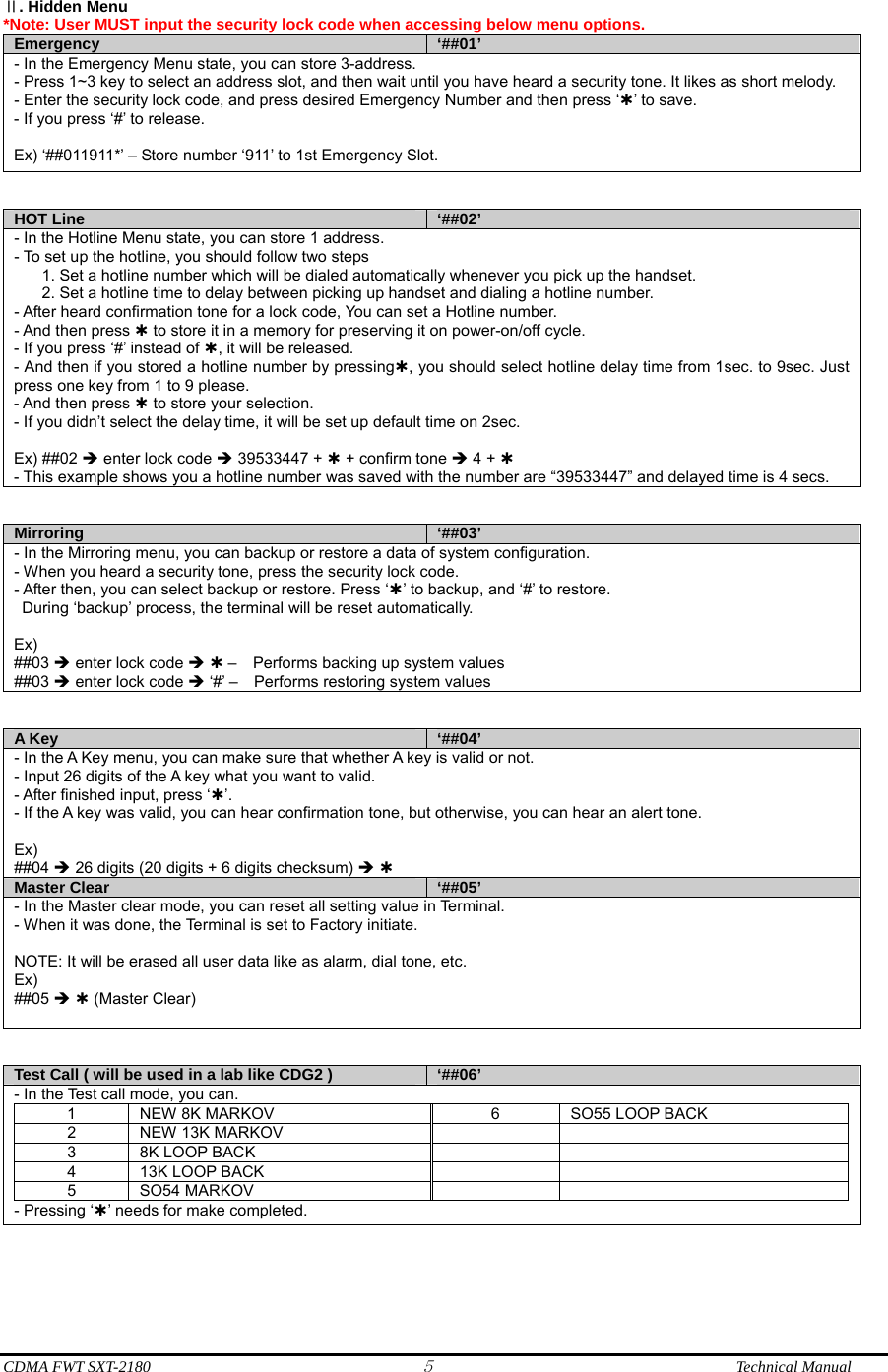  CDMA FWT SXT-2180 5              Technical Manual . Hidden MenuⅡ *Note: User MUST input the security lock code when accessing below menu options.   Emergency  ‘##01’ - In the Emergency Menu state, you can store 3-address. - Press 1~3 key to select an address slot, and then wait until you have heard a security tone. It likes as short melody. - Enter the security lock code, and press desired Emergency Number and then press ‘À’ to save. - If you press ‘#’ to release.   Ex) ‘##011911*’ – Store number ‘911’ to 1st Emergency Slot.   HOT Line  ‘##02’ - In the Hotline Menu state, you can store 1 address. - To set up the hotline, you should follow two steps   1. Set a hotline number which will be dialed automatically whenever you pick up the handset.   2. Set a hotline time to delay between picking up handset and dialing a hotline number. - After heard confirmation tone for a lock code, You can set a Hotline number. - And then press À to store it in a memory for preserving it on power-on/off cycle. - If you press ‘#’ instead of À, it will be released. - And then if you stored a hotline number by pressingÀ, you should select hotline delay time from 1sec. to 9sec. Just press one key from 1 to 9 please. - And then press À to store your selection. - If you didn’t select the delay time, it will be set up default time on 2sec.  Ex) ##02 Î enter lock code Î 39533447 + À + confirm tone Î 4 + À - This example shows you a hotline number was saved with the number are “39533447” and delayed time is 4 secs.   Mirroring  ‘##03’ - In the Mirroring menu, you can backup or restore a data of system configuration. - When you heard a security tone, press the security lock code. - After then, you can select backup or restore. Press ‘À’ to backup, and ‘#’ to restore.   During ‘backup’ process, the terminal will be reset automatically.    Ex)  ##03 Î enter lock code Î À –    Performs backing up system values ##03 Î enter lock code Î ‘#’ –    Performs restoring system values   A Key  ‘##04’ - In the A Key menu, you can make sure that whether A key is valid or not. - Input 26 digits of the A key what you want to valid. - After finished input, press ‘À’. - If the A key was valid, you can hear confirmation tone, but otherwise, you can hear an alert tone.  Ex) ##04 Î 26 digits (20 digits + 6 digits checksum) Î À Master Clear  ‘##05’ - In the Master clear mode, you can reset all setting value in Terminal. - When it was done, the Terminal is set to Factory initiate.  NOTE: It will be erased all user data like as alarm, dial tone, etc. Ex) ##05 Î À (Master Clear)   Test Call ( will be used in a lab like CDG2 )  ‘##06’ - In the Test call mode, you can. 1  NEW 8K MARKOV  6  SO55 LOOP BACK 2  NEW 13K MARKOV     3 8K LOOP BACK     4 13K LOOP BACK     5 SO54 MARKOV     - Pressing ‘À’ needs for make completed.    