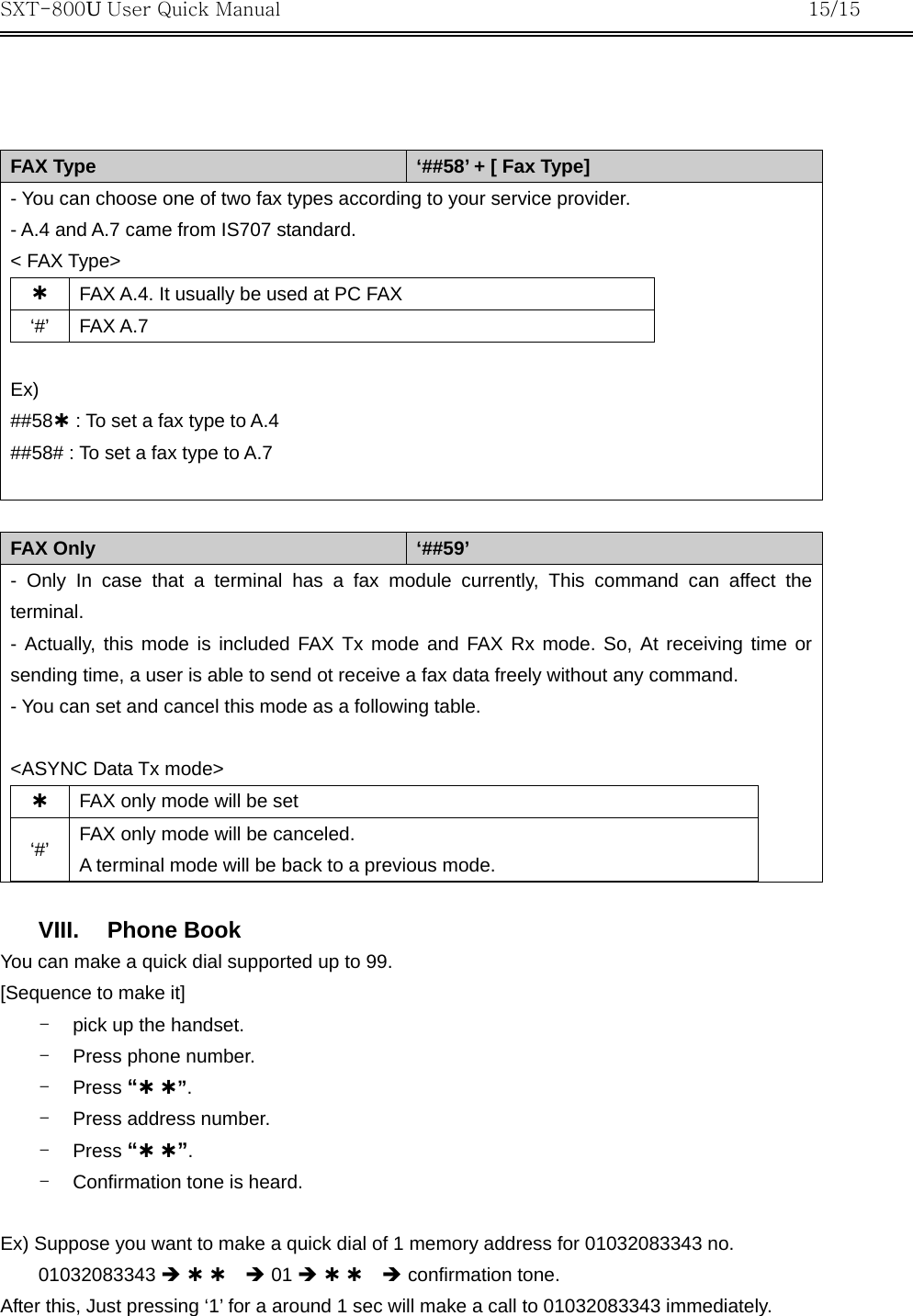 SXT-800U User Quick Manual           15/15     FAX Type  ‘##58’ + [ Fax Type] - You can choose one of two fax types according to your service provider. - A.4 and A.7 came from IS707 standard. &lt; FAX Type&gt; À FAX A.4. It usually be used at PC FAX   ‘#’ FAX A.7  Ex) ##58À : To set a fax type to A.4 ##58# : To set a fax type to A.7   FAX Only  ‘##59’ - Only In case that a terminal has a fax module currently, This command can affect the terminal. - Actually, this mode is included FAX Tx mode and FAX Rx mode. So, At receiving time or sending time, a user is able to send ot receive a fax data freely without any command. - You can set and cancel this mode as a following table.  &lt;ASYNC Data Tx mode&gt; À FAX only mode will be set ‘#’  FAX only mode will be canceled.   A terminal mode will be back to a previous mode.   VIII. Phone Book You can make a quick dial supported up to 99.   [Sequence to make it] -  pick up the handset. -  Press phone number. -  Press “À À”. -  Press address number. -  Press “À À”. -  Confirmation tone is heard.  Ex) Suppose you want to make a quick dial of 1 memory address for 01032083343 no. 01032083343 Î À À  Î 01 Î À À  Î confirmation tone. After this, Just pressing ‘1’ for a around 1 sec will make a call to 01032083343 immediately. 