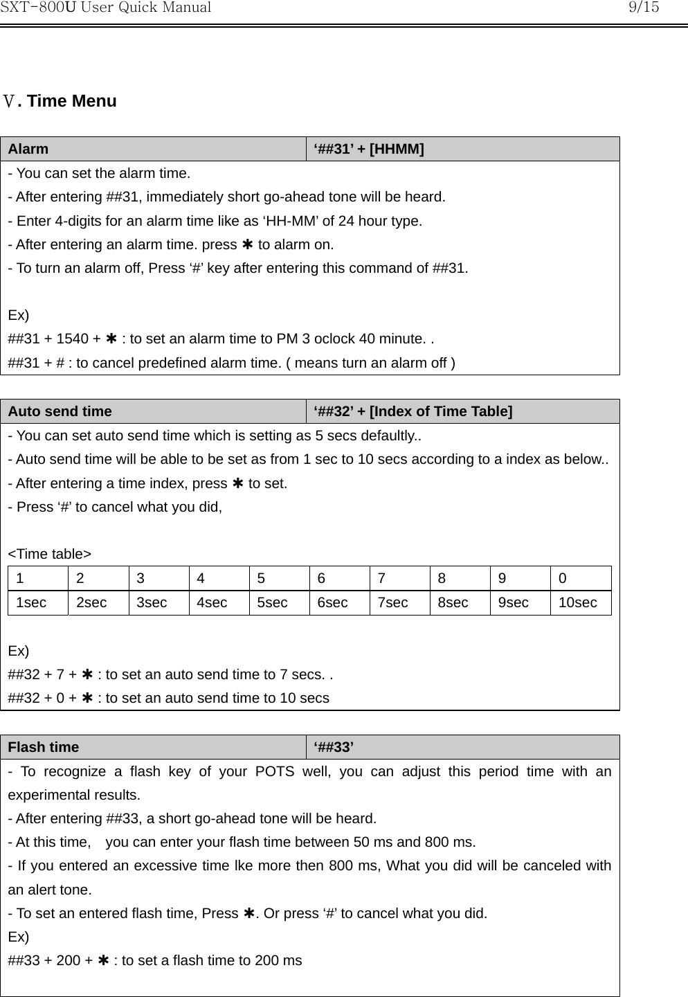 SXT-800U User Quick Manual           9/15    Ⅴ. Time Menu  Alarm  ‘##31’ + [HHMM] - You can set the alarm time. - After entering ##31, immediately short go-ahead tone will be heard. - Enter 4-digits for an alarm time like as ‘HH-MM’ of 24 hour type. - After entering an alarm time. press À to alarm on. - To turn an alarm off, Press ‘#’ key after entering this command of ##31.  Ex) ##31 + 1540 + À : to set an alarm time to PM 3 oclock 40 minute. . ##31 + # : to cancel predefined alarm time. ( means turn an alarm off )  Auto send time  ‘##32’ + [Index of Time Table] - You can set auto send time which is setting as 5 secs defaultly.. - Auto send time will be able to be set as from 1 sec to 10 secs according to a index as below..- After entering a time index, press À to set. - Press ‘#’ to cancel what you did,      &lt;Time table&gt; 1 2 3 4 5 6 7 8 9 0 1sec 2sec 3sec 4sec 5sec 6sec 7sec 8sec 9sec 10sec  Ex) ##32 + 7 + À : to set an auto send time to 7 secs. . ##32 + 0 + À : to set an auto send time to 10 secs  Flash time  ‘##33’ - To recognize a flash key of your POTS well, you can adjust this period time with an experimental results. - After entering ##33, a short go-ahead tone will be heard. - At this time,    you can enter your flash time between 50 ms and 800 ms. - If you entered an excessive time lke more then 800 ms, What you did will be canceled with an alert tone. - To set an entered flash time, Press À. Or press ‘#’ to cancel what you did. Ex) ##33 + 200 + À : to set a flash time to 200 ms   