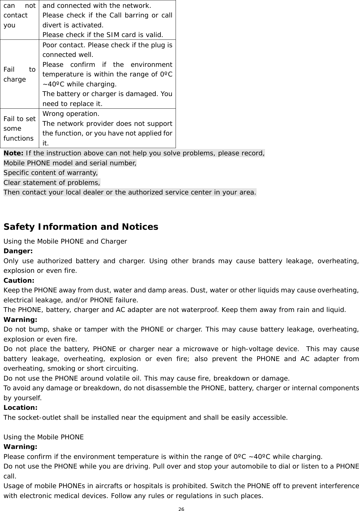 26 can not contact you and connected with the network. Please check if the Call barring or call divert is activated. Please check if the SIM card is valid. Fail to charge Poor contact. Please check if the plug is connected well. Please confirm if the environment temperature is within the range of 0ºC ~40ºC while charging. The battery or charger is damaged. You need to replace it. Fail to set some functions Wrong operation. The network provider does not support the function, or you have not applied for it. Note: If the instruction above can not help you solve problems, please record, Mobile PHONE model and serial number, Specific content of warranty, Clear statement of problems, Then contact your local dealer or the authorized service center in your area.   Safety Information and Notices Using the Mobile PHONE and Charger Danger: Only use authorized battery and charger. Using other brands may cause battery leakage, overheating, explosion or even fire. Caution: Keep the PHONE away from dust, water and damp areas. Dust, water or other liquids may cause overheating, electrical leakage, and/or PHONE failure.  The PHONE, battery, charger and AC adapter are not waterproof. Keep them away from rain and liquid. Warning: Do not bump, shake or tamper with the PHONE or charger. This may cause battery leakage, overheating, explosion or even fire. Do not place the battery, PHONE or charger near a microwave or high-voltage device.  This may cause battery leakage, overheating, explosion or even fire; also prevent the PHONE and AC adapter from overheating, smoking or short circuiting. Do not use the PHONE around volatile oil. This may cause fire, breakdown or damage. To avoid any damage or breakdown, do not disassemble the PHONE, battery, charger or internal components by yourself. Location:   The socket-outlet shall be installed near the equipment and shall be easily accessible.  Using the Mobile PHONE Warning: Please confirm if the environment temperature is within the range of 0ºC ~40ºC while charging. Do not use the PHONE while you are driving. Pull over and stop your automobile to dial or listen to a PHONE call. Usage of mobile PHONEs in aircrafts or hospitals is prohibited. Switch the PHONE off to prevent interference with electronic medical devices. Follow any rules or regulations in such places. 