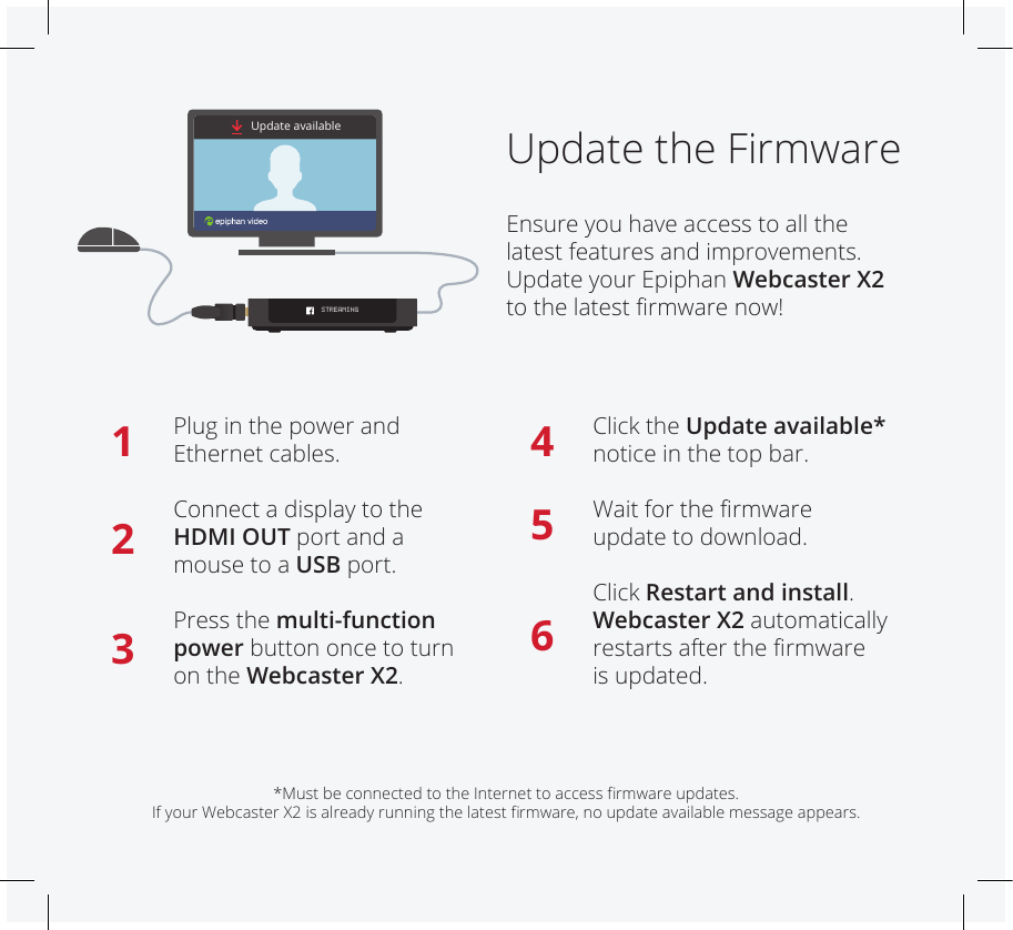 Update the FirmwareEnsure you have access to all the  latest features and improvements.  Update your Epiphan Webcaster X2 to the latest rmware now!Update availableSTREAMING*Must be connected to the Internet to access rmware updates.  If your Webcaster X2 is already running the latest rmware, no update available message appears.1 4Plug in the power and  Ethernet cables.Connect a display to the HDMI OUT port and a  mouse to a USB port.Press the multi-function power button once to turn on the Webcaster X2.Click the Update available* notice in the top bar.Wait for the rmware  update to download.Click Restart and install. Webcaster X2 automatically restarts after the rmware  is updated.2536