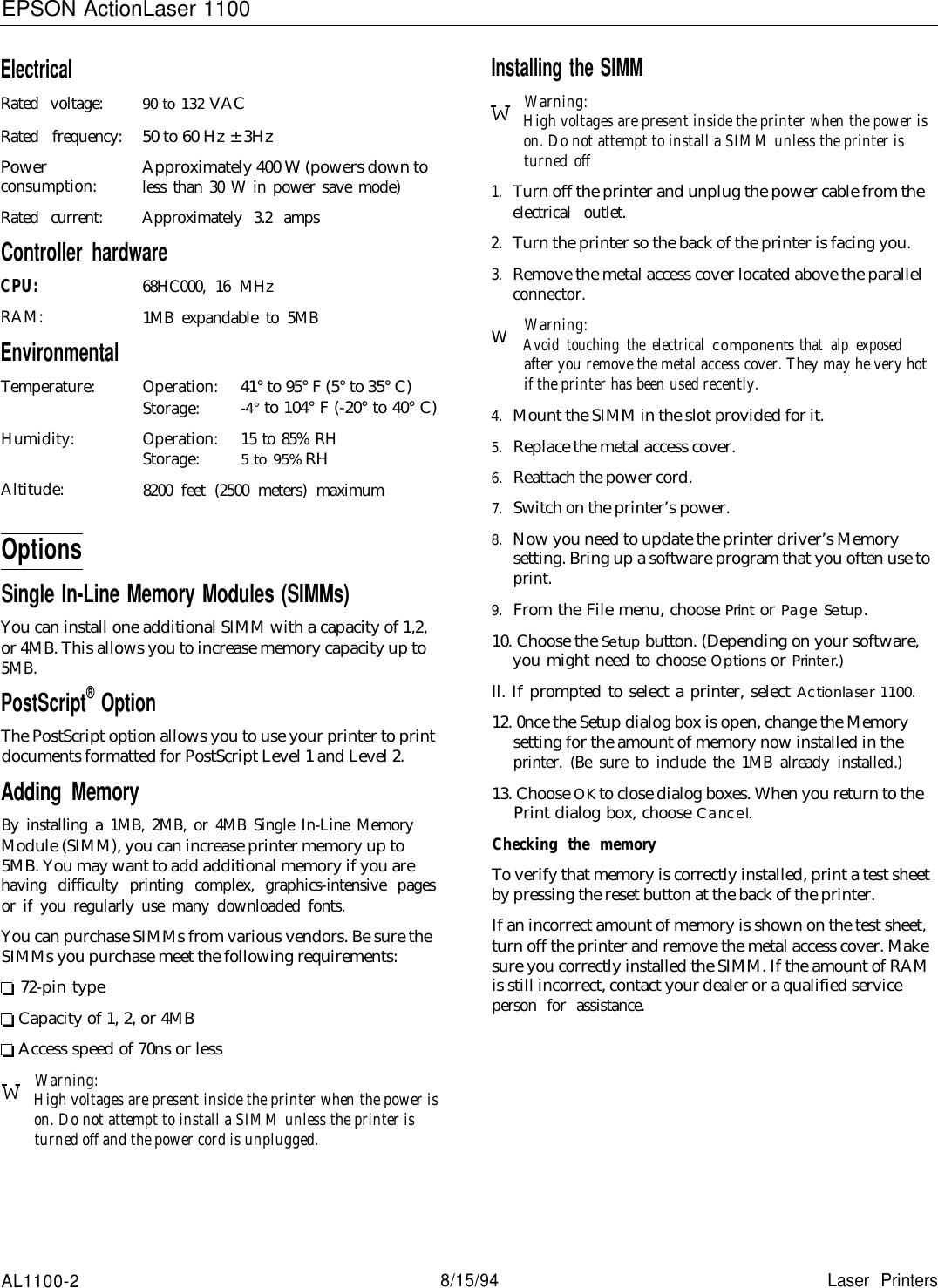 Page 2 of 7 - Epson Epson-1100-Users-Manual- ActionLaser 1100 - Product Information Guide  Epson-1100-users-manual