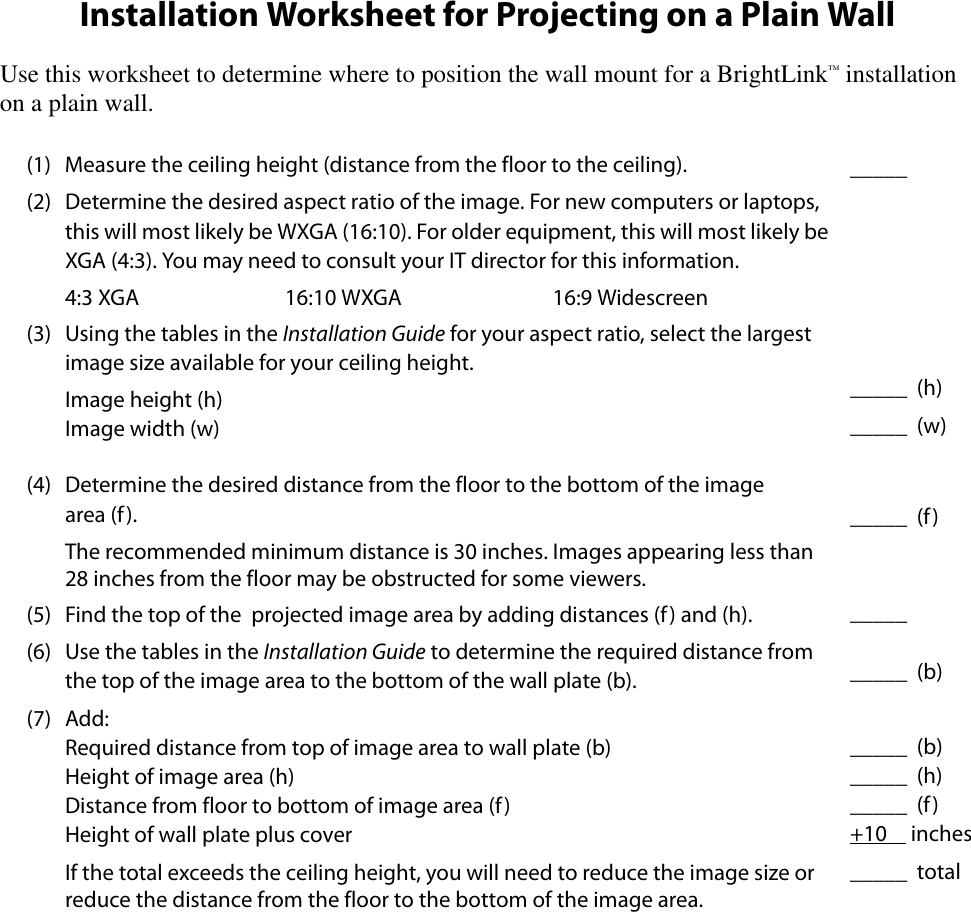 Page 2 of 5 - Epson Epson-Brightlink-450Wi-Interactive-Projector-Installation-Worksheet-  Epson-brightlink-450wi-interactive-projector-installation-worksheet