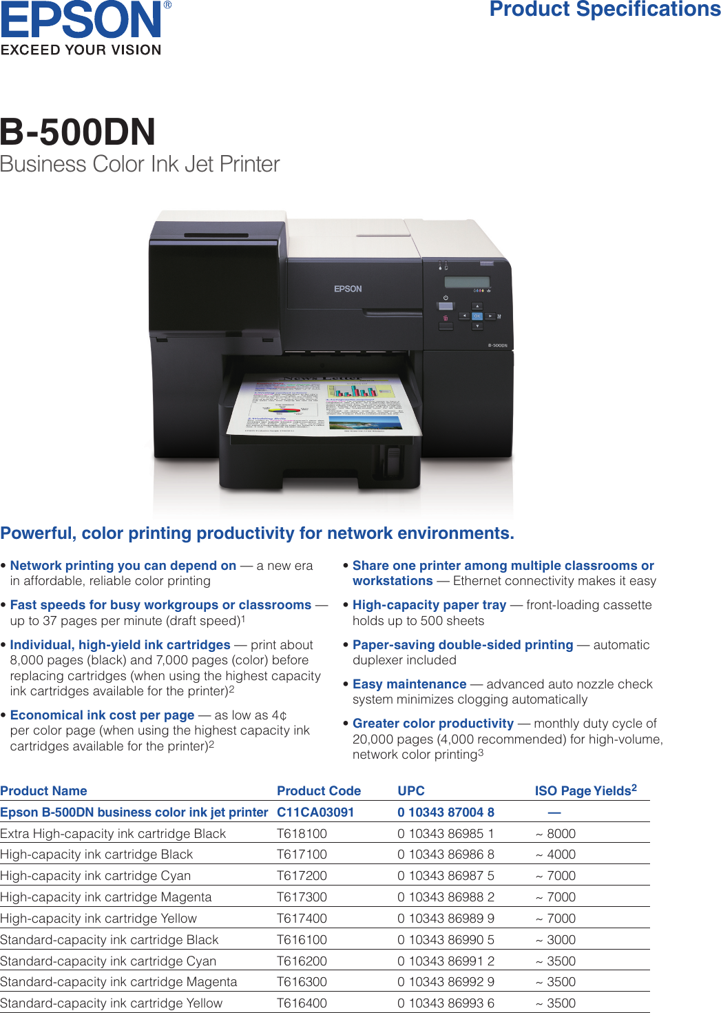 Page 1 of 2 - Epson Epson-Epson-B-500Dn-Business-Color-Inkjet-Printer-Product-Brochure- B-500DN Business Color Ink Jet Printer - Product Brochure  Epson-epson-b-500dn-business-color-inkjet-printer-product-brochure