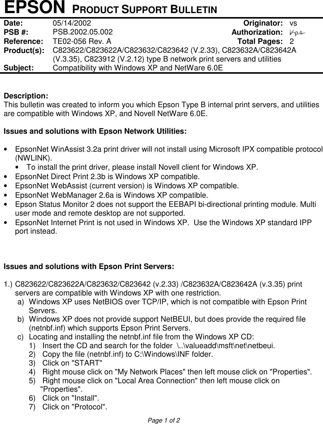 Page 3 of 4 - Epson Epson-Epson-C12C823912-Epsonnet-Internal-Print-Server-2-10-Base-T-100-Base-Tx-Quick-Reference-Guide C12C823912 (EpsonNet Internal Print Server 2 (10 Base T / 100 TX)) - Product Support Bulletin