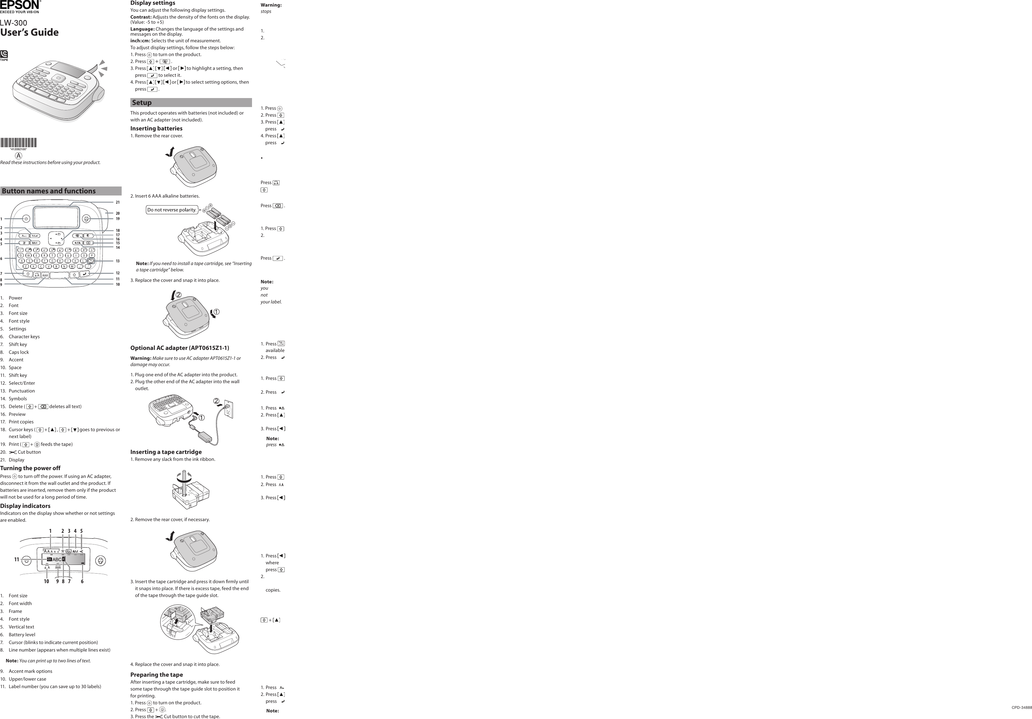 Page 1 of 8 - Epson Epson-Epson-Lw-300-Owner-S-Manual User's Guide - LW-300