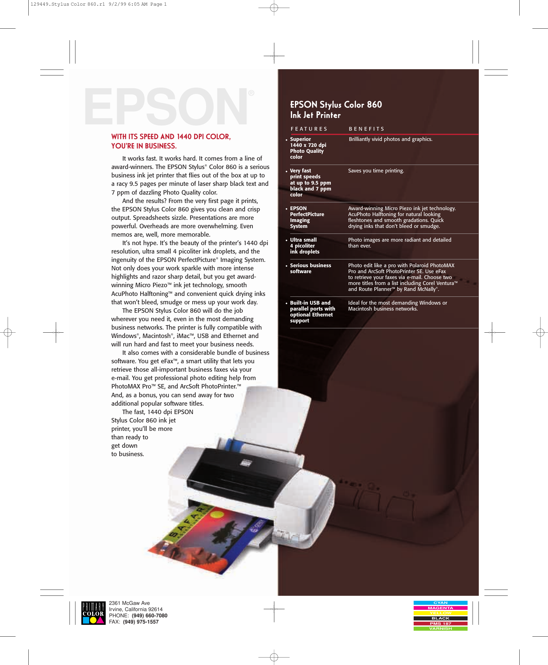 Epson Stylus Color 860 Ink Jet Printer Product Brochure 2956