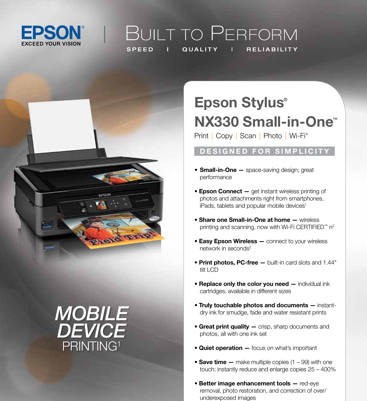 Page 1 of 2 - Epson Epson-Epson-Stylus-Nx330-Small-In-One-All-In-One-Printer-Product-Brochure- Stylus® NX330 - Product Brochure  Epson-epson-stylus-nx330-small-in-one-all-in-one-printer-product-brochure