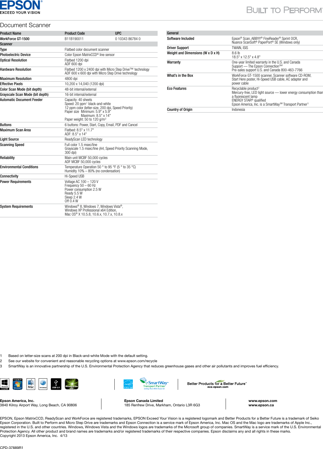 Page 2 of 2 - Epson Epson-Epson-Workforce-Gt-1500-Color--Scanner-Product-Specifications- Product Specifications - GT-1500  Epson-epson-workforce-gt-1500-color--scanner-product-specifications