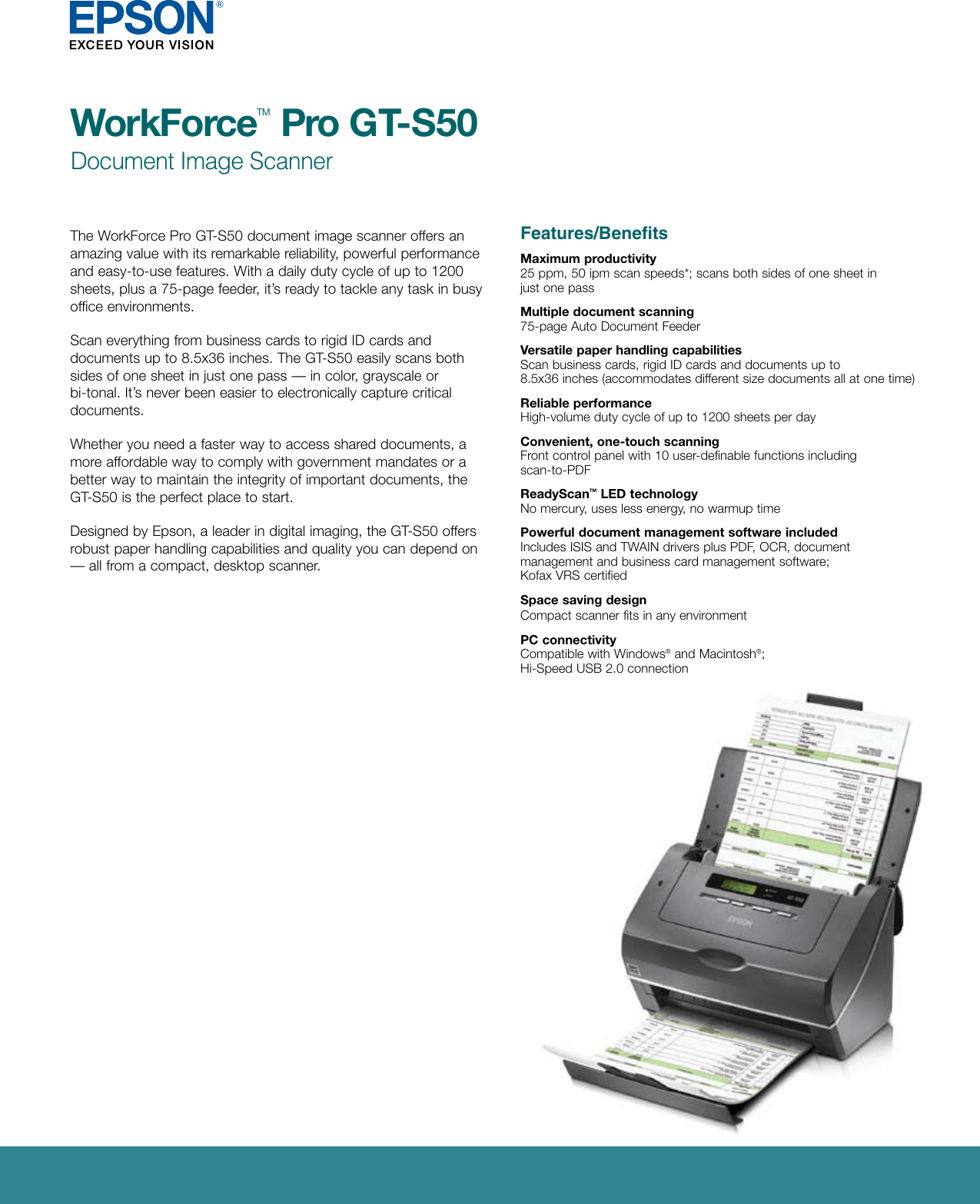 Epson Workforce Pro Gt S50 Color Scanner Product Brochure Image