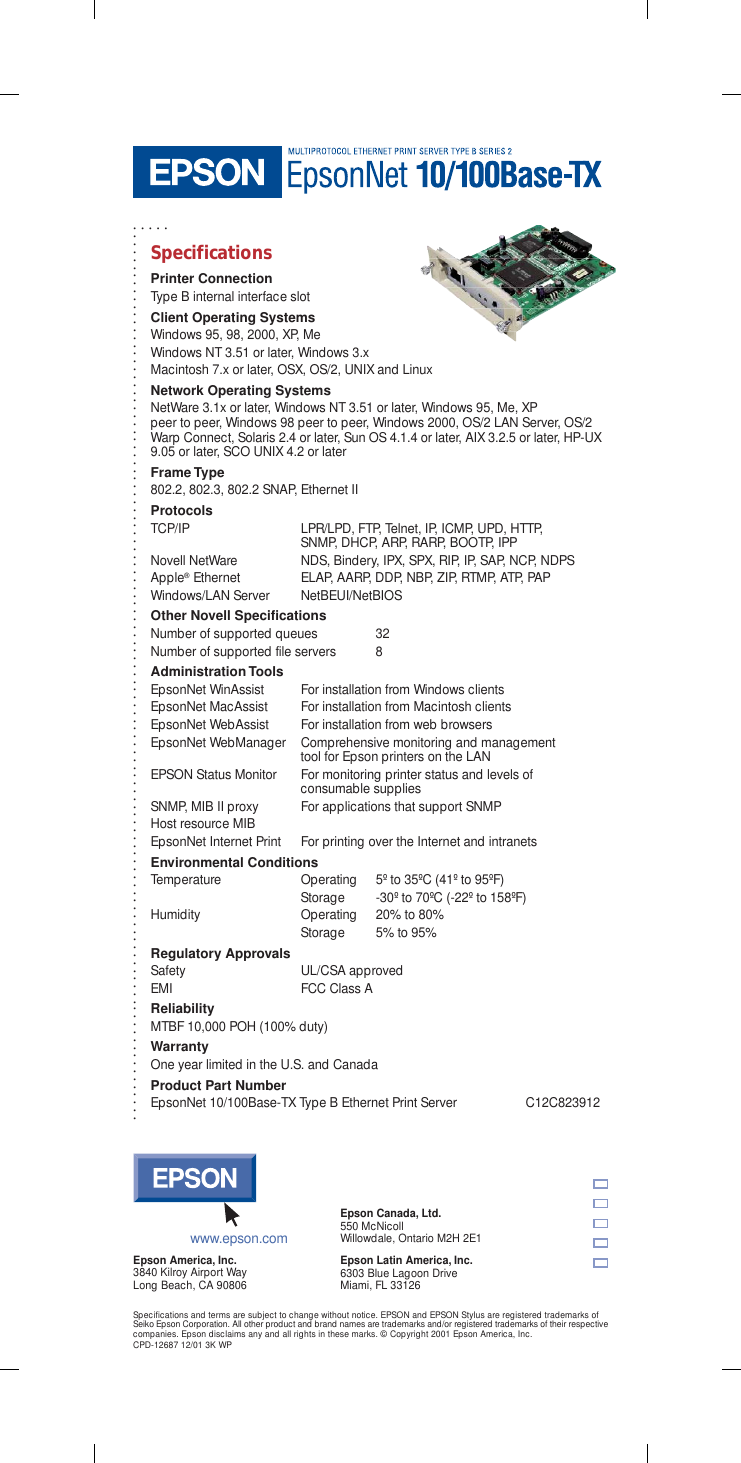 Epson 10 100Base Tx Type B Internal Print Server