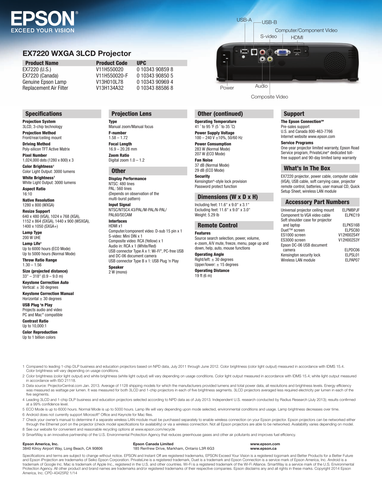 Epson Ex7220 Wireless Wxga 3lcd Projector Product Specifications