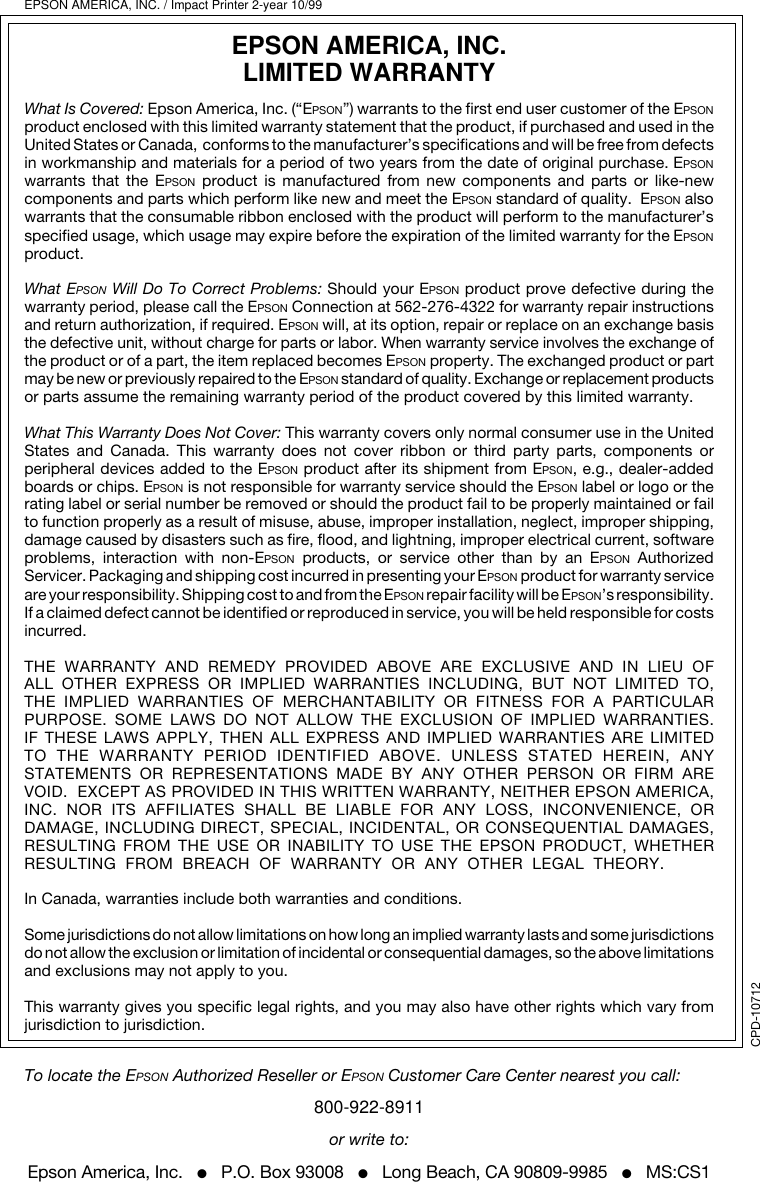 Page 1 of 1 - Epson Epson-Lq-680Pro-Impact-Printer-Warranty-Statement- LQ-680Pro - Warranty Statement Epson-lq-680pro-impact-printer-warranty-statement