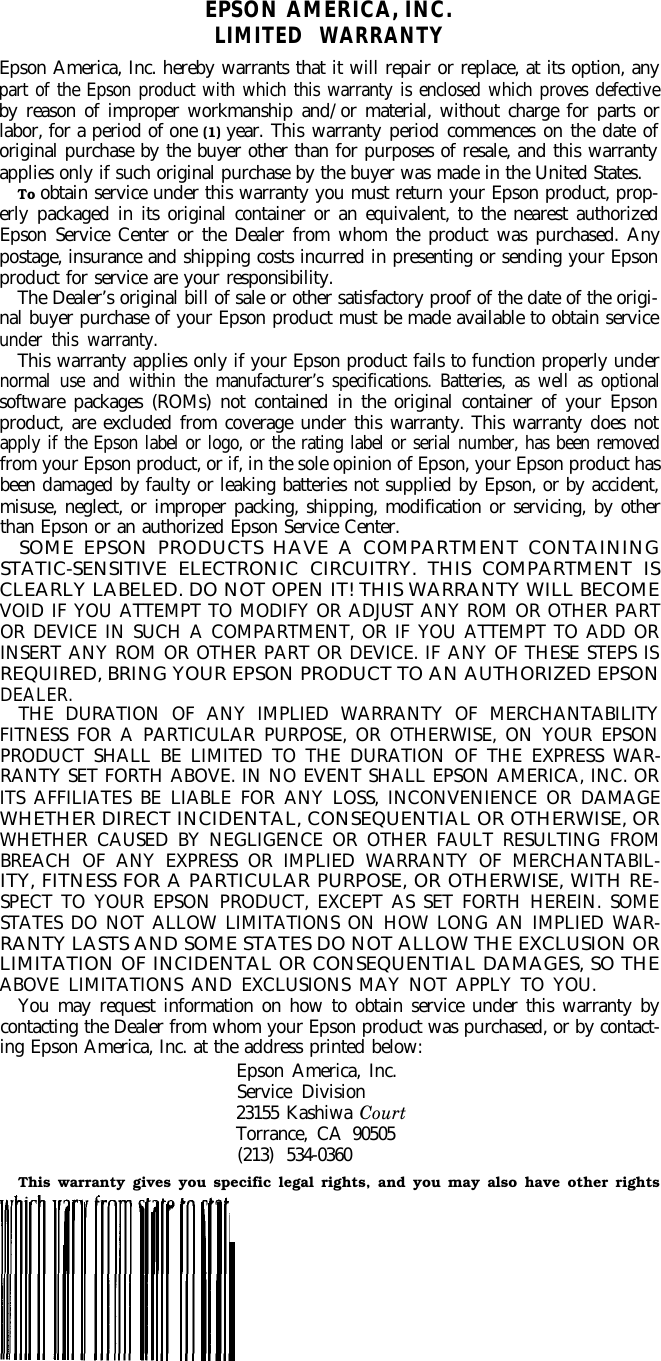 Page 1 of 1 - Epson Epson-Lx-90-Impact-Printer-Warranty-Statement- LX-90 - Warranty Statement  Epson-lx-90-impact-printer-warranty-statement