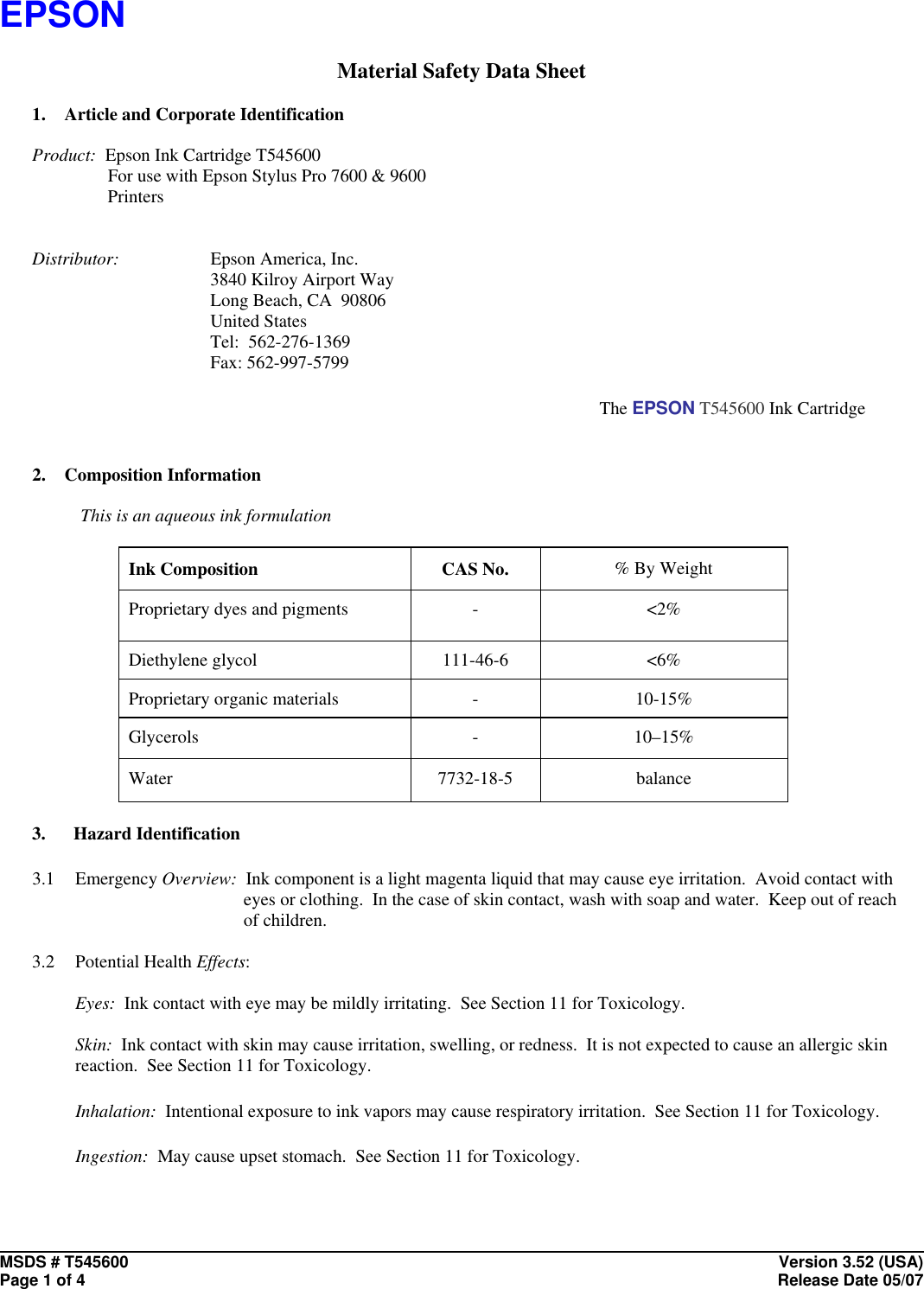 Page 1 of 4 - Epson Epson-Material-Safety-Data-Sheet-T545600-Users-Manual T545600 V3_52