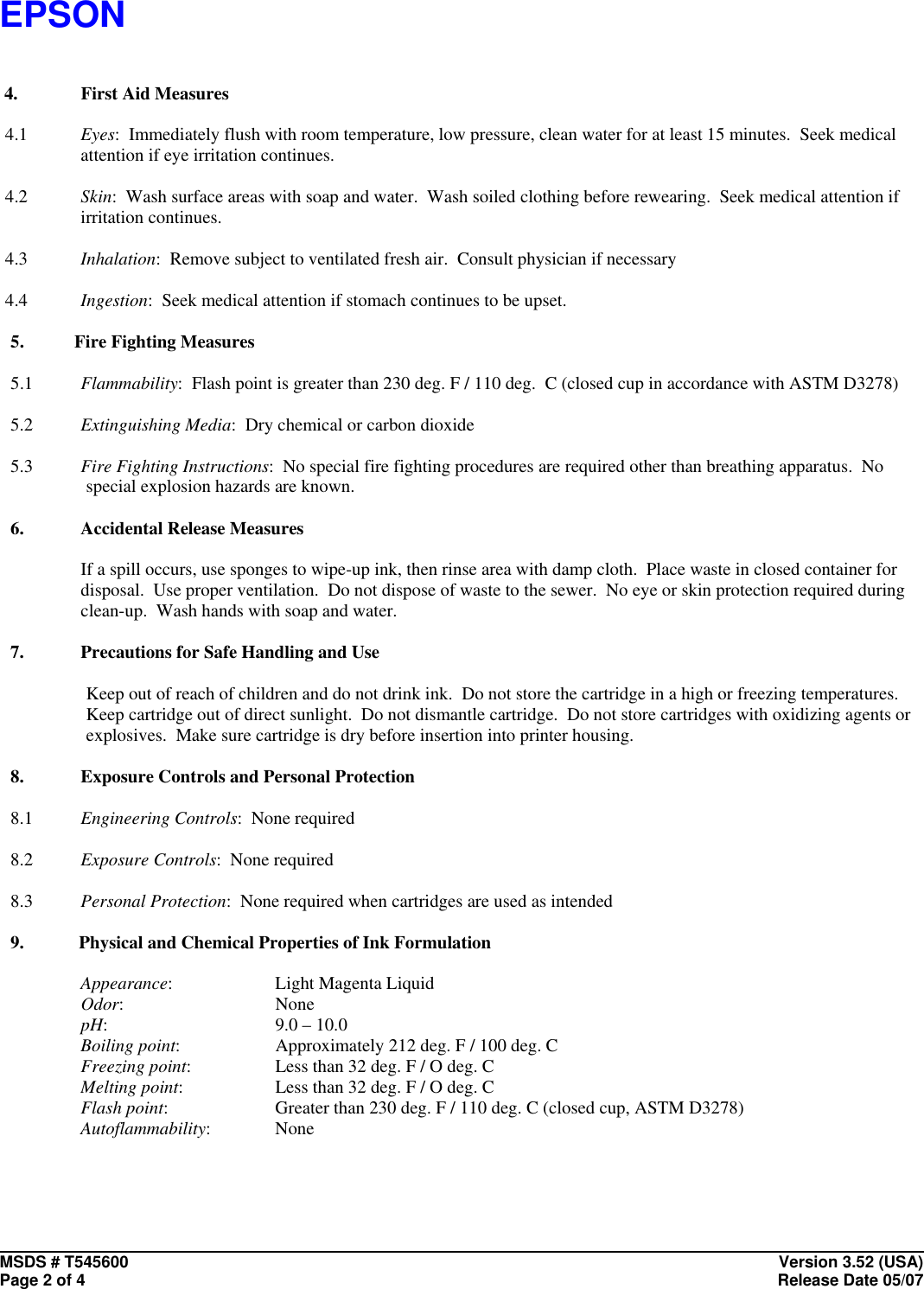 Page 2 of 4 - Epson Epson-Material-Safety-Data-Sheet-T545600-Users-Manual T545600 V3_52