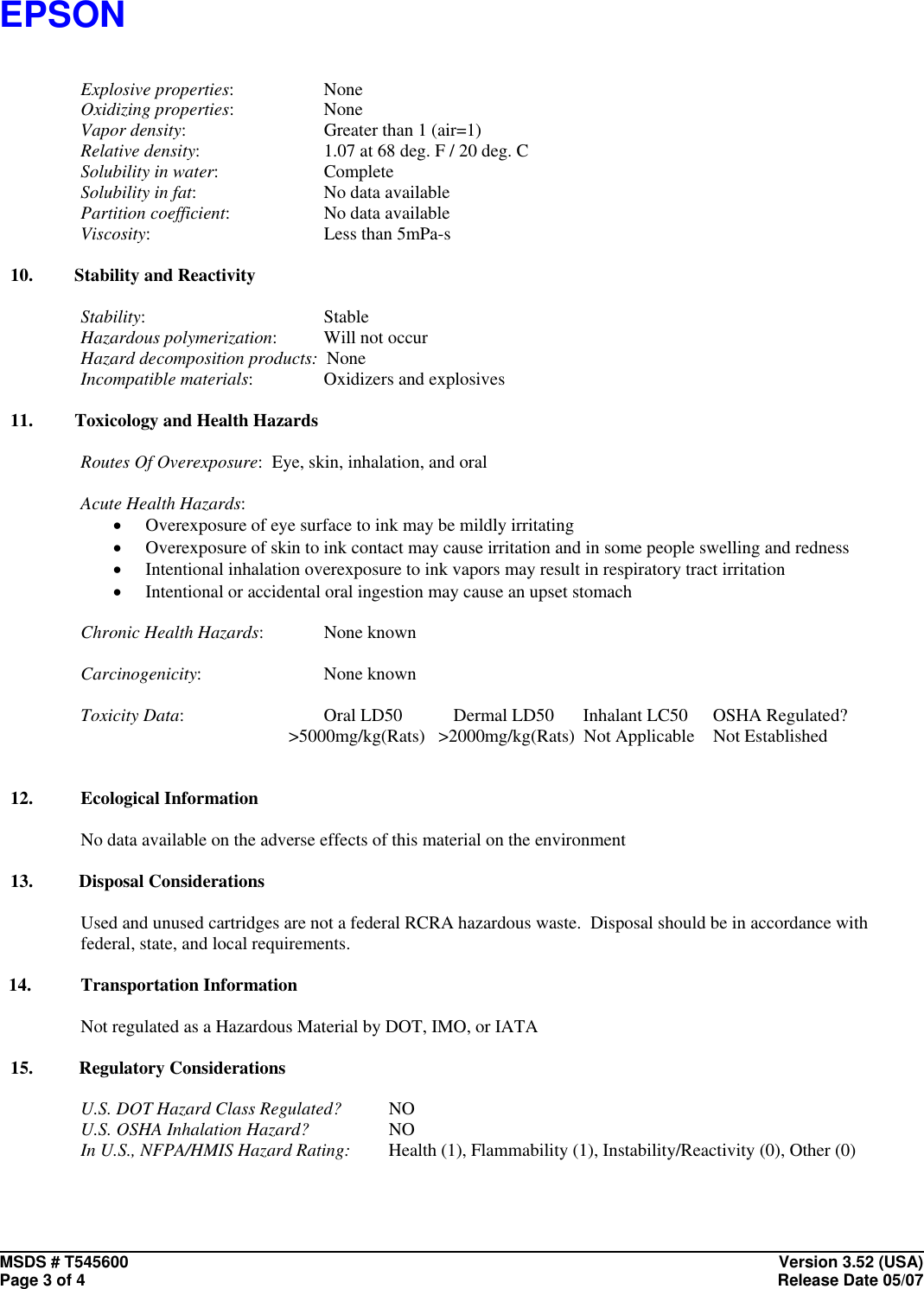 Page 3 of 4 - Epson Epson-Material-Safety-Data-Sheet-T545600-Users-Manual T545600 V3_52