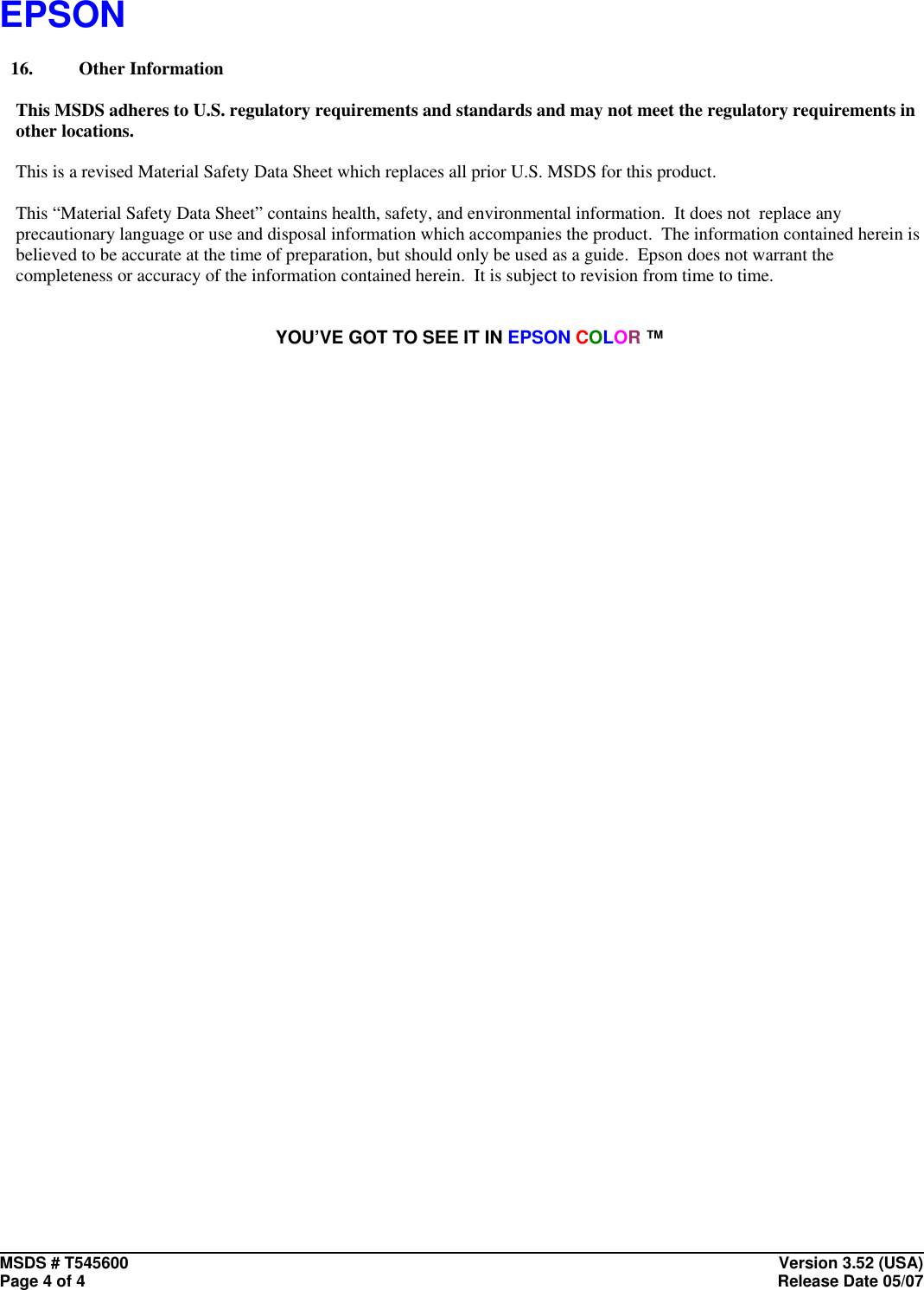 Page 4 of 4 - Epson Epson-Material-Safety-Data-Sheet-T545600-Users-Manual T545600 V3_52