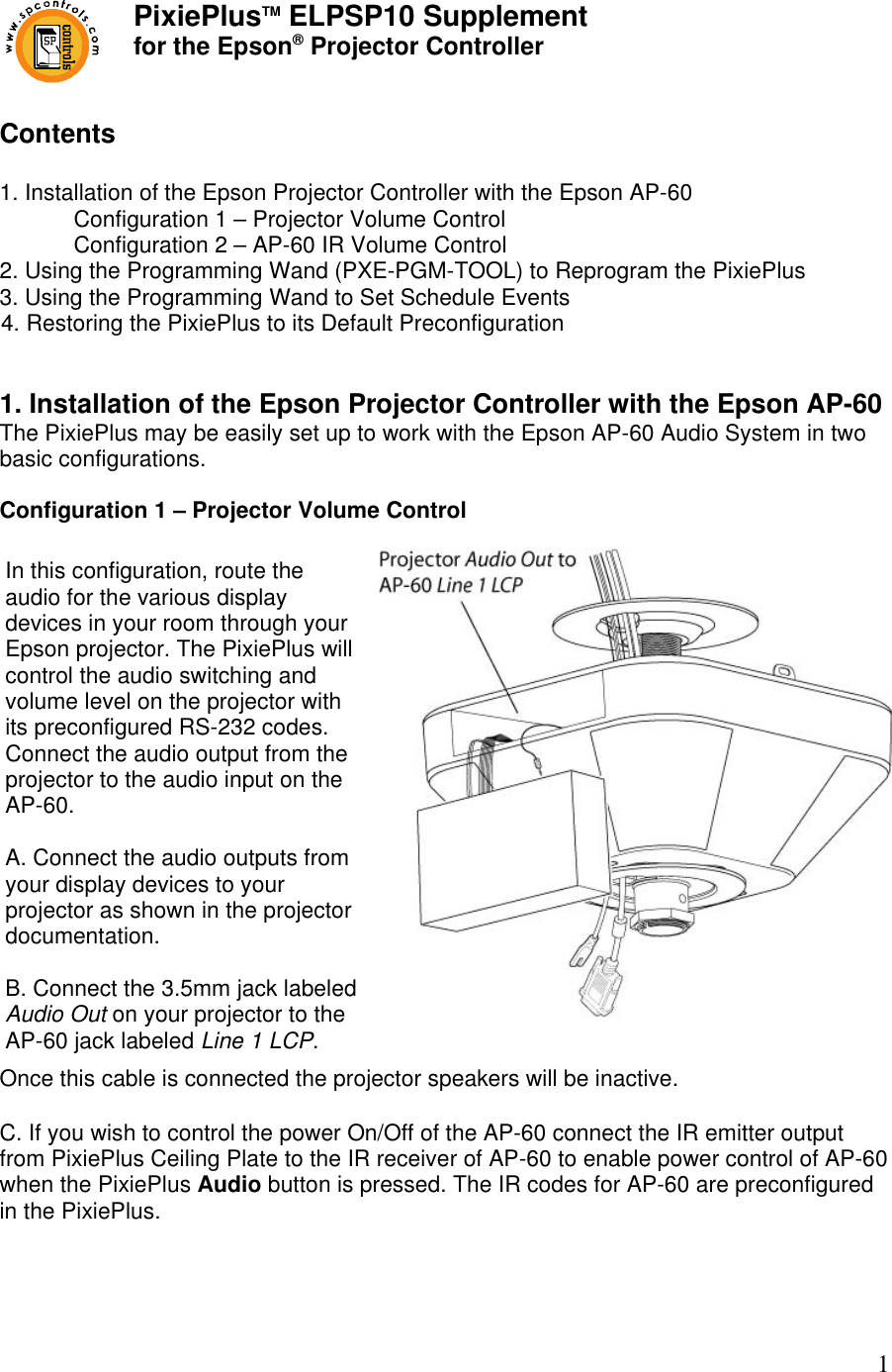 Page 1 of 5 - Epson Epson-Pixieplus-Control-System-For-Epson-Projectors-Installation-Supplement- PixiePlus ELPSP10 Supplement For AP-60  Epson-pixieplus-control-system-for-epson-projectors-installation-supplement