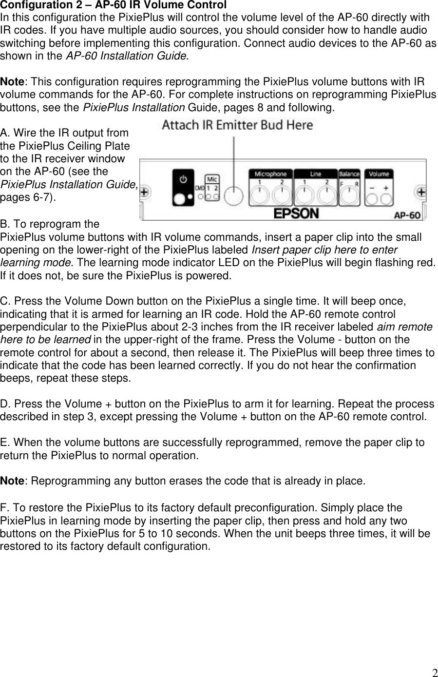 Page 2 of 5 - Epson Epson-Pixieplus-Control-System-For-Epson-Projectors-Installation-Supplement- PixiePlus ELPSP10 Supplement For AP-60  Epson-pixieplus-control-system-for-epson-projectors-installation-supplement