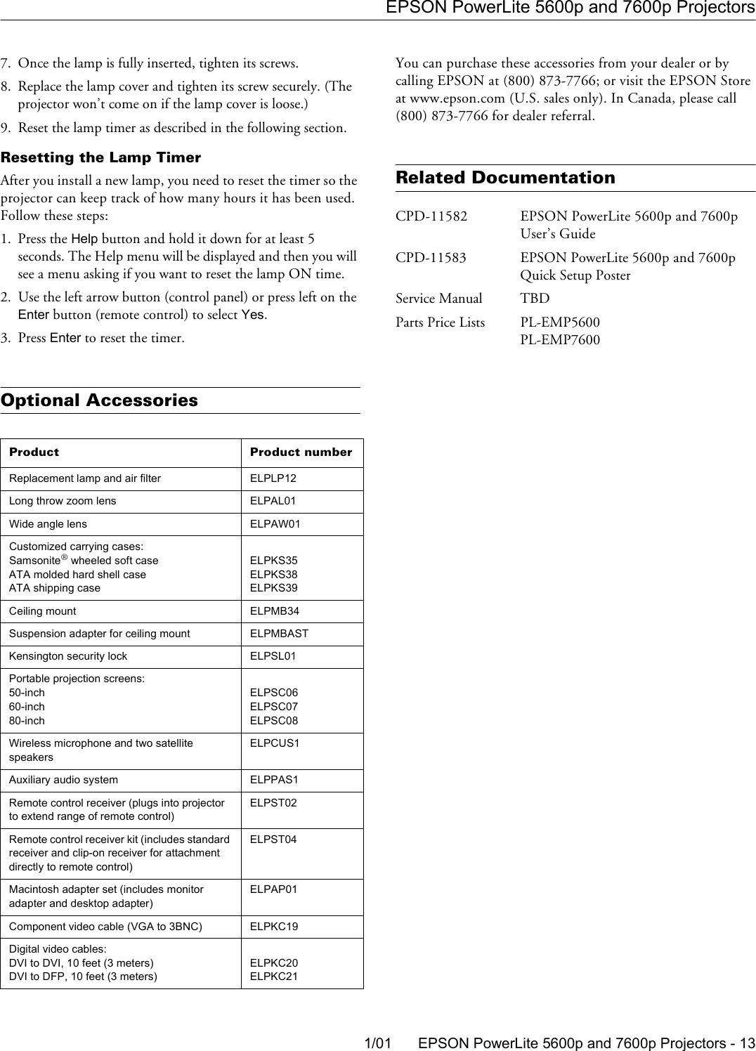 Page 11 of 11 - Epson Epson-Powerlite-5600P-Multimedia-Projector-Product-Information-Guide- PowerLite 5600p / 7600p - Product Information Guide  Epson-powerlite-5600p-multimedia-projector-product-information-guide