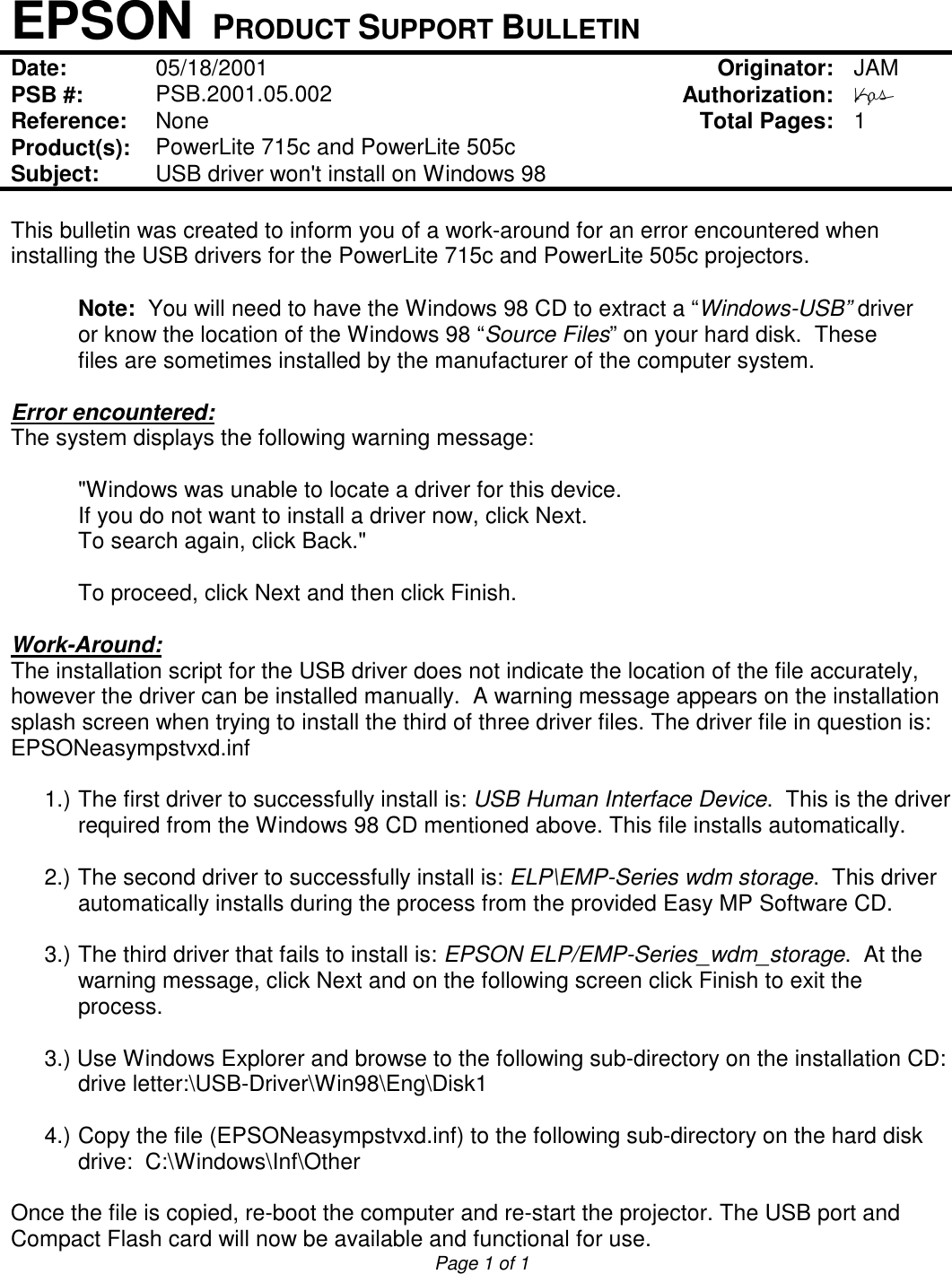 Page 11 of 11 - Epson Epson-Powerlite-715C-Multimedia-Projector-Product-Support-Bulletin- Epson-powerlite-715c-multimedia-projector-product-support-bulletin