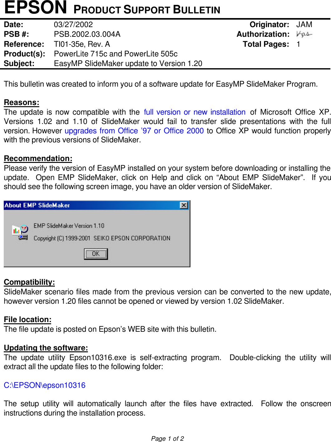 Page 5 of 11 - Epson Epson-Powerlite-715C-Multimedia-Projector-Product-Support-Bulletin- Epson-powerlite-715c-multimedia-projector-product-support-bulletin