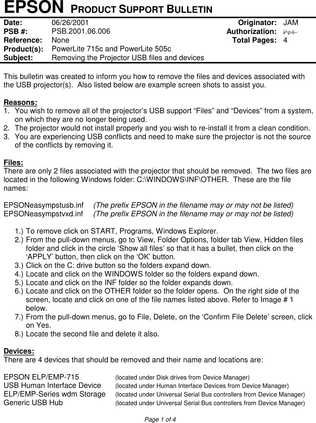 Page 7 of 11 - Epson Epson-Powerlite-715C-Multimedia-Projector-Product-Support-Bulletin- Epson-powerlite-715c-multimedia-projector-product-support-bulletin