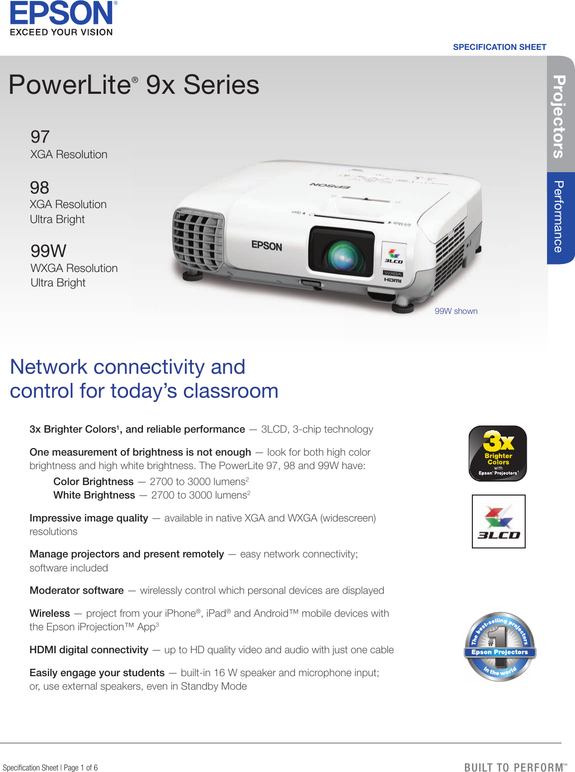 Page 1 of 6 - Epson Epson-Powerlite-97-Xga-3Lcd-Projector-Product-Specifications- Product Specifications - Projectors 97/98/99W  Epson-powerlite-97-xga-3lcd-projector-product-specifications