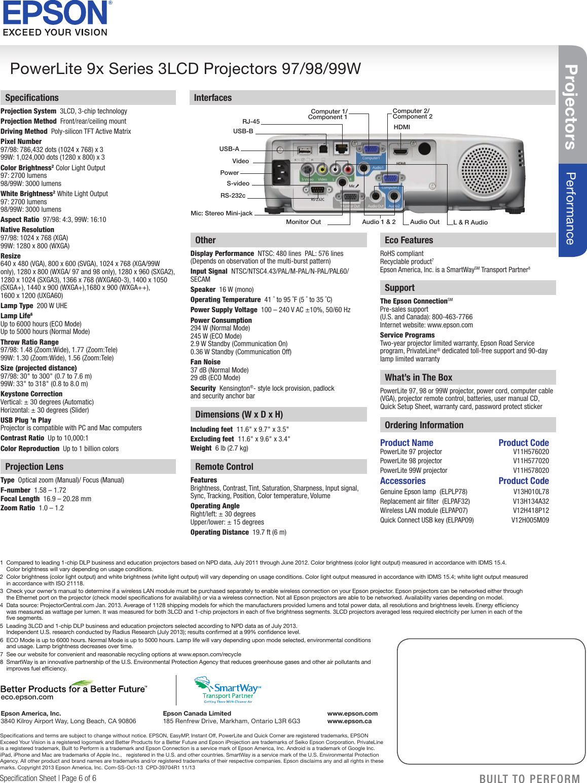 Page 6 of 6 - Epson Epson-Powerlite-97-Xga-3Lcd-Projector-Product-Specifications- Product Specifications - Projectors 97/98/99W  Epson-powerlite-97-xga-3lcd-projector-product-specifications