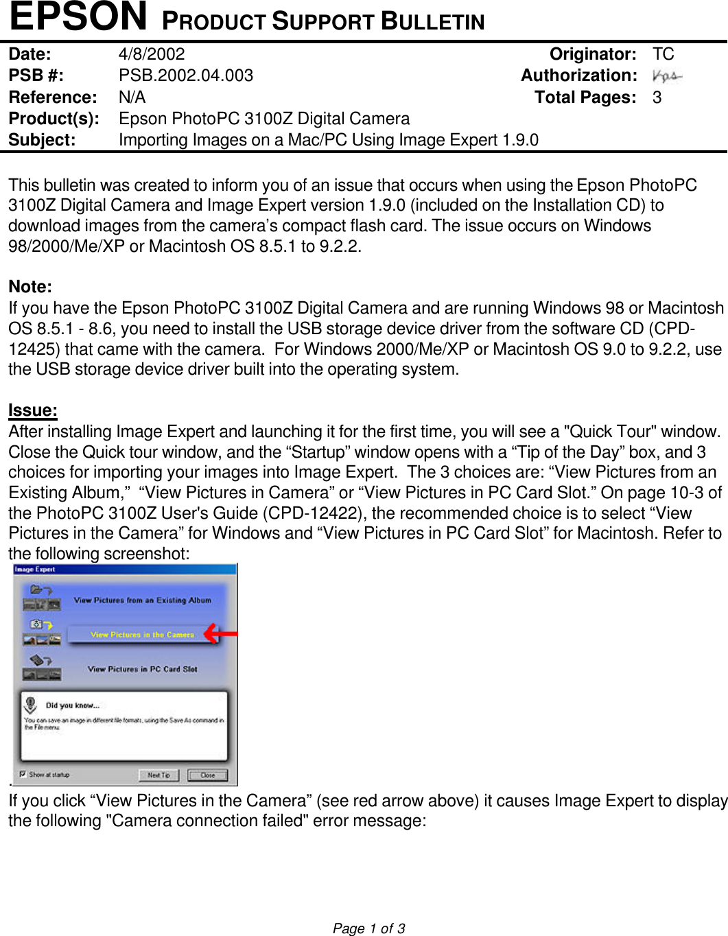Page 3 of 9 - Epson PhotoPC 3100Z - Product Support Bulletin If Not Then  Phpc31ps