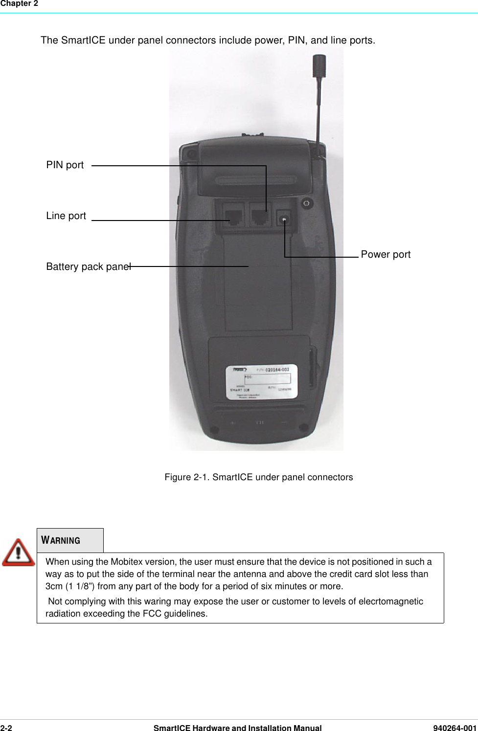 Chapter 22-2 SmartICE Hardware and Installation Manual  940264-001The SmartICE under panel connectors include power, PIN, and line ports.Figure 2-1. SmartICE under panel connectorsWARNINGWhen using the Mobitex version, the user must ensure that the device is not positioned in such a way as to put the side of the terminal near the antenna and above the credit card slot less than 3cm (1 1/8”) from any part of the body for a period of six minutes or more. Not complying with this waring may expose the user or customer to levels of elecrtomagnetic radiation exceeding the FCC guidelines.PIN portLine portBattery pack panel  Power port