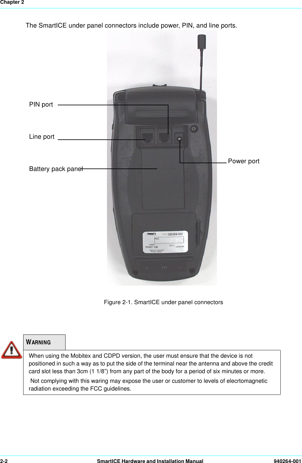 Chapter 22-2 SmartICE Hardware and Installation Manual  940264-001The SmartICE under panel connectors include power, PIN, and line ports.Figure 2-1. SmartICE under panel connectorsWARNINGWhen using the Mobitex and CDPD version, the user must ensure that the device is not positioned in such a way as to put the side of the terminal near the antenna and above the credit card slot less than 3cm (1 1/8”) from any part of the body for a period of six minutes or more. Not complying with this waring may expose the user or customer to levels of elecrtomagnetic radiation exceeding the FCC guidelines.PIN portLine portBattery pack panel  Power port