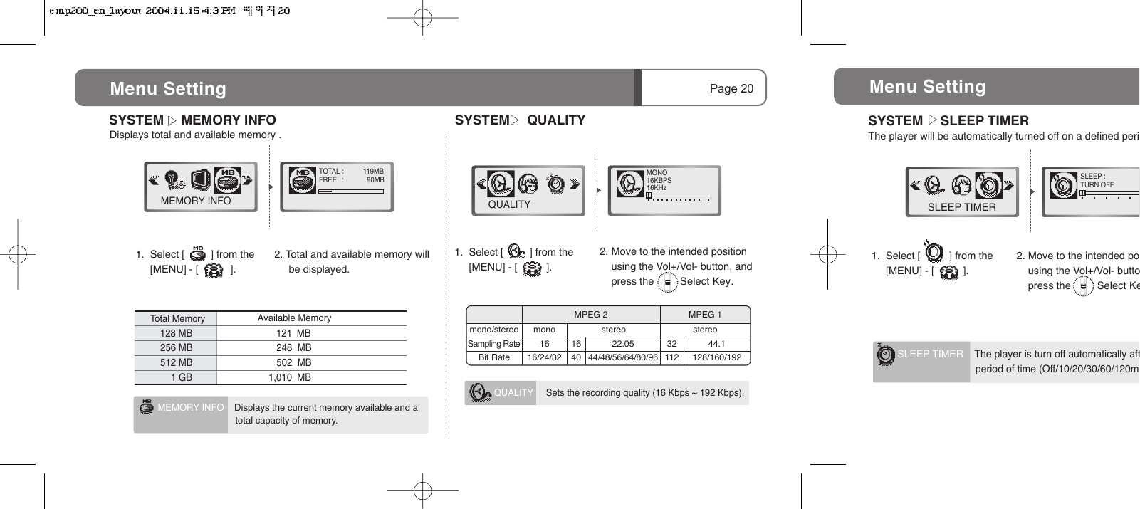 MEMORY INFO    Displays the current memory available and a                                total capacity of memory.                                                 128 MB                                121  MB  256 MB                                248  MB  512 MB                                502  MB                                            1,010  MB1 GBPage 202. Total and available memory will      be displayed.  SYSTEM      MEMORY INFO Displays total and available memory .MEMORY INFOTOTAL :   119MBFREE :    90MBTotal Memory                   Available MemoryMenu Setting 1.  Select [         ] from the                [MENU] - [           ].  SYSTEM      QUALITYMONO16KBPS 16KHzQUALITY1.  Select [         ] from the         [MENU] - [          ].MPEG 2 MPEG 1mono/stereo stereoSampling Rate 44.1128/160/19232112Bit Ratemono16 164016/24/32stereo22.0544/48/56/64/80/962. Move to the intended position     using the Vol+/Vol- button, and     press the         Select Key.QUALITY     Sets the recording quality (16 Kbps ~ 192 Kbps).Menu Setting SYSTEM      SLEEP TIMERThe player will be automatically turned off on a defined peri1.  Select [          ] from the         [MENU] - [          ].2. Move to the intended po    using the Vol+/Vol- butto    press the         Select KeSLEEP TIMERSLEEP :TURN OFFSLEEP TIMER    The player is turn off automatically aft                            period of time (Off/10/20/30/60/120m