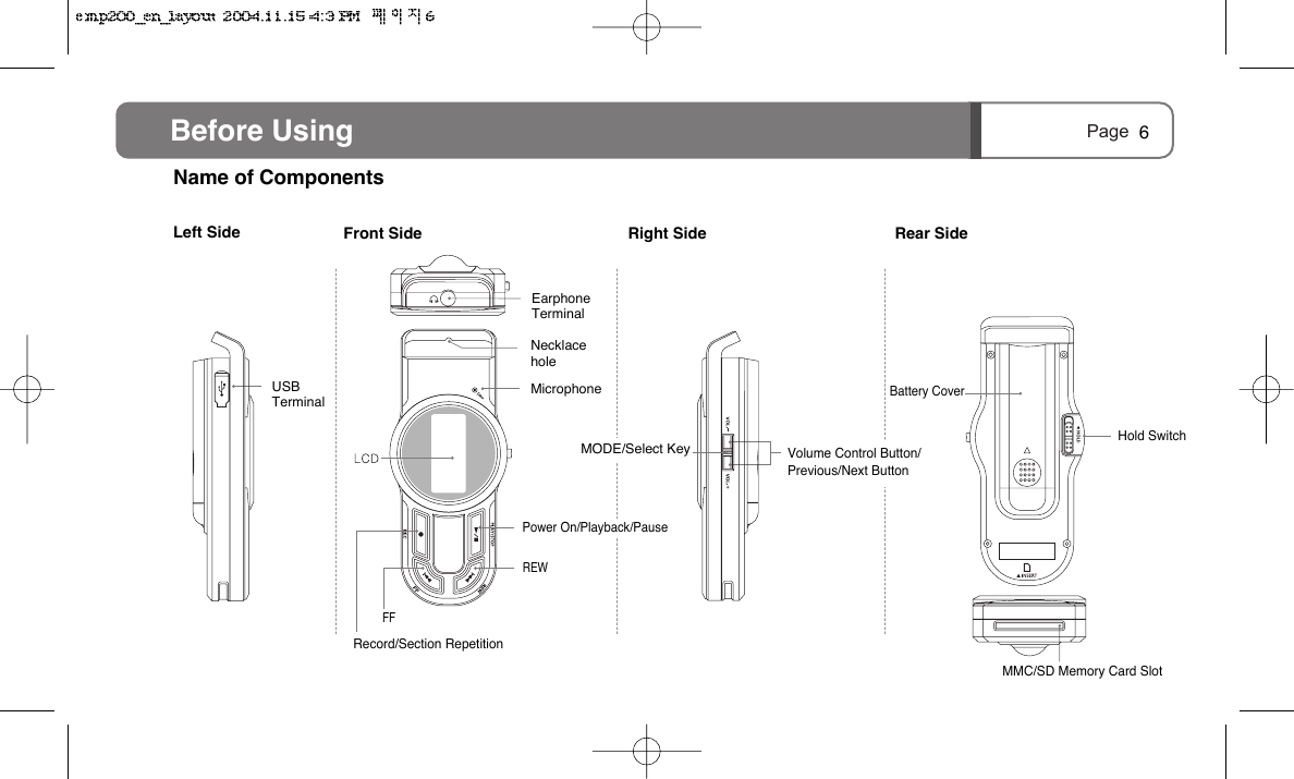Page Before Using 6Name of ComponentsLeft Side  Front Side EarphoneTerminalVolume Control Button/Previous/Next ButtonBattery CoverHold SwitchMMC/SD Memory Card SlotMODE/Select KeyNecklace holeMicrophoneRight Side Power On/Playback/PauseREWFFRecord/Section RepetitionUSBTerminalRear Side
