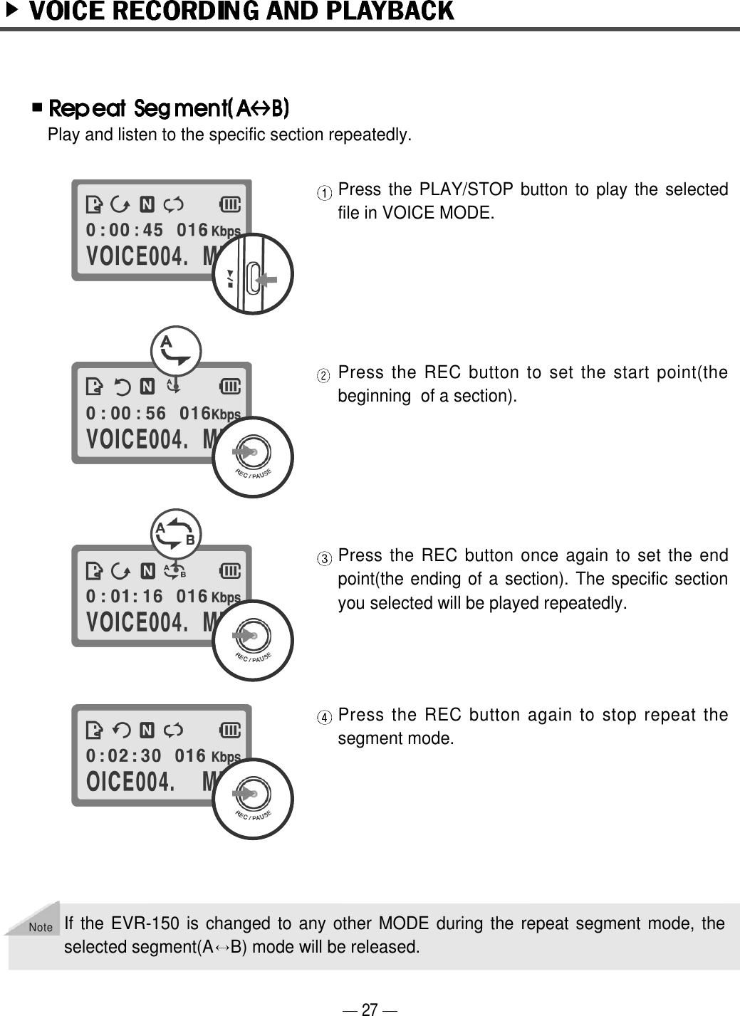 Press the PLAY/STOP button to play the selectedfile in VOICE MODE. Press the REC button to set the start point(thebeginning  of a section).Press the REC button once again to set the endpoint(the ending of a section). The specific sectionyou selected will be played repeatedly. Press the REC button again to stop repeat thesegment mode.Play and listen to the specific section repeatedly. 27NoteIf the EVR-150 is changed to any other MODE during the repeat segment mode, theselected segment(A B) mode will be released. 