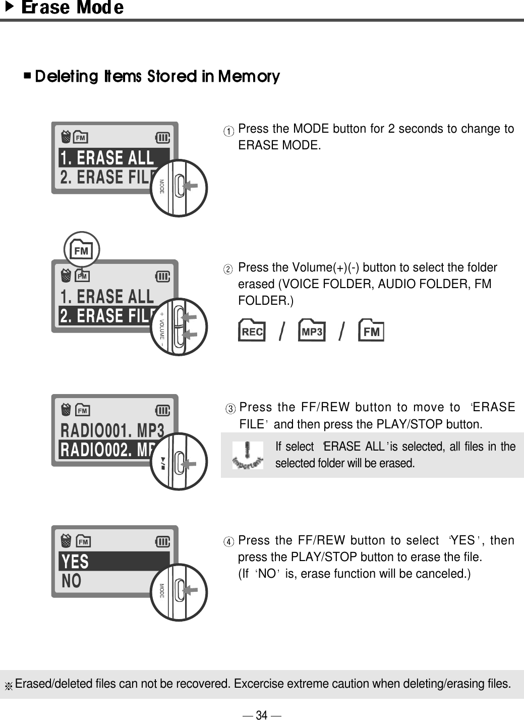 34Press the MODE button for 2 seconds to change toERASE MODE.Press the Volume(+)(-) button to select the foldererased (VOICE FOLDER, AUDIO FOLDER, FMFOLDER.)If select  ERASE ALL is selected, all files in theselected folder will be erased.Press the FF/REW button to move to  ERASEFILE and then press the PLAY/STOP button.Press the FF/REW button to select  YES , thenpress the PLAY/STOP button to erase the file.(If  NO is, erase function will be canceled.)Erased/deleted files can not be recovered. Excercise extreme caution when deleting/erasing files.