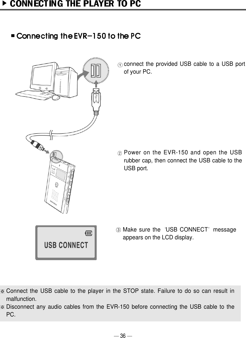 connect the provided USB cable to a USB portof your PC.Power on the EVR-150 and open the USBrubber cap, then connect the USB cable to theUSB port.Make sure the  USB CONNECT messageappears on the LCD display.Connect the USB cable to the player in the STOP state. Failure to do so can result inmalfunction.Disconnect any audio cables from the EVR-150 before connecting the USB cable to thePC.36