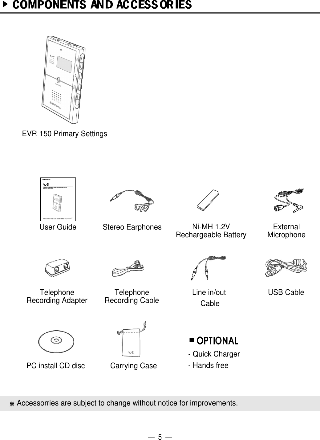 - Quick Charger- Hands freeEVR-150 Primary SettingsUser Guide  External Microphone Line in/outCableTelephoneRecording Adapter TelephoneRecording CableNi-MH 1.2VRechargeable BatteryUSB CablePC install CD disc Carrying CaseStereo Earphones 5Accessorries are subject to change without notice for improvements.