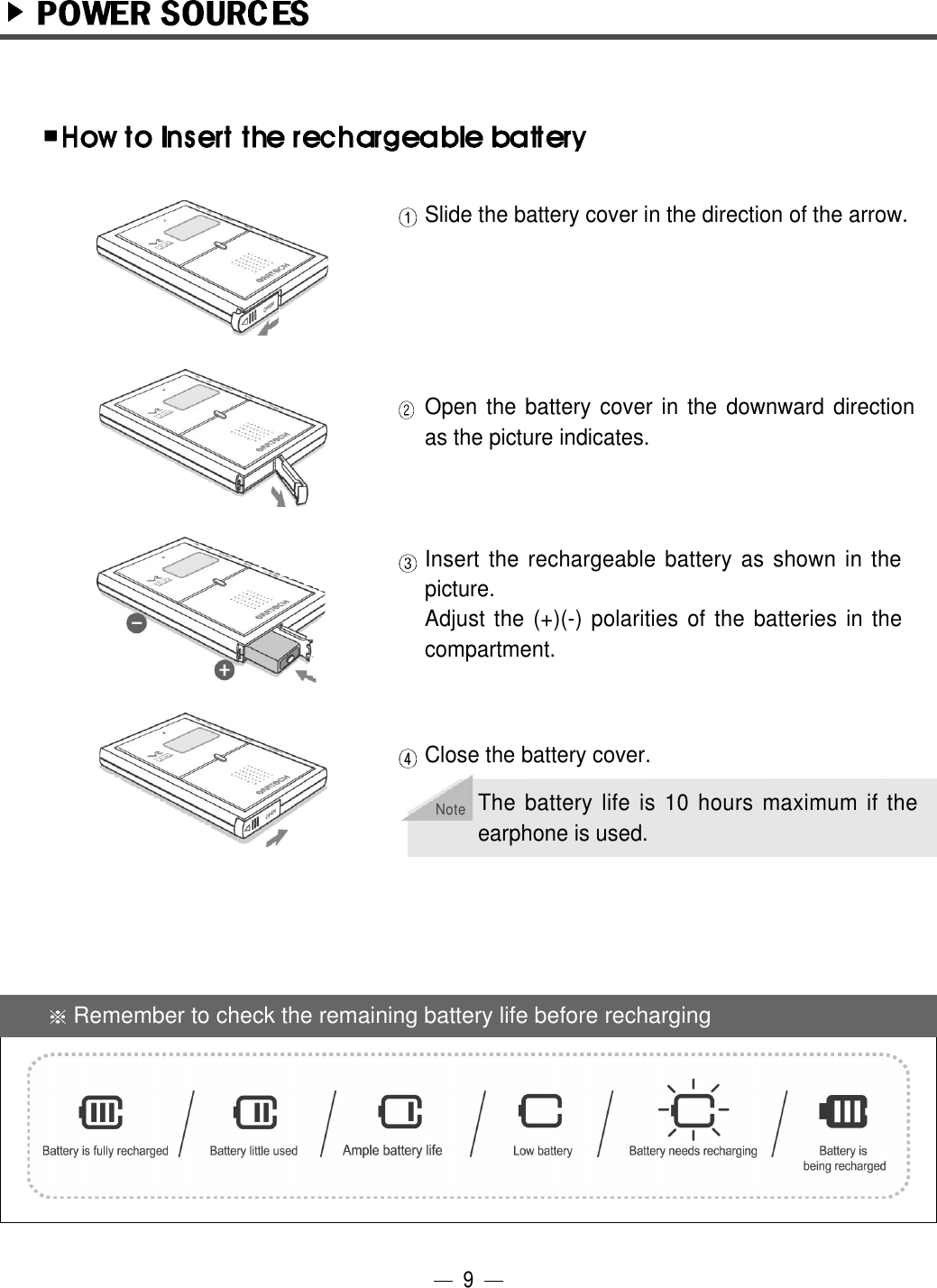 Slide the battery cover in the direction of the arrow.Open the battery cover in the downward directionas the picture indicates.Insert the rechargeable battery as shown in thepicture.Adjust the (+)(-) polarities of the batteries in thecompartment.Remember to check the remaining battery life before recharging9Close the battery cover.NoteThe battery life is 10 hours maximum if theearphone is used.