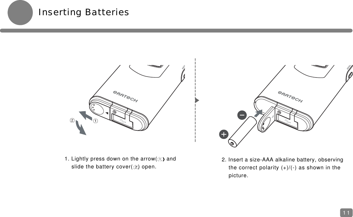 Inserting Batteries111. Lightly press down on the arrow( and slide the battery cover( ) open.2. Insert a size-AAA alkaline battery, observing the correct polarity (+)/(-) as shown in the picture.