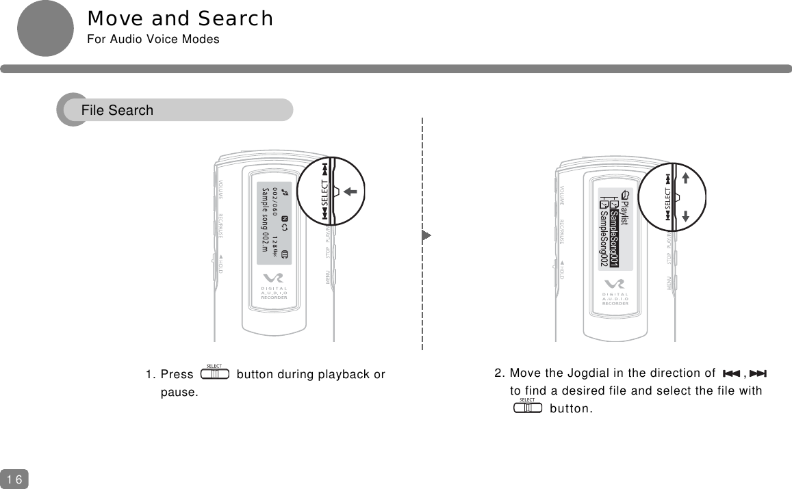 Move and SearchFor Audio Voice Modes1. Press           button during playback or pause.2. Move the Jogdial in the direction of       ,to find a desired file and select the file with  button.16File Search