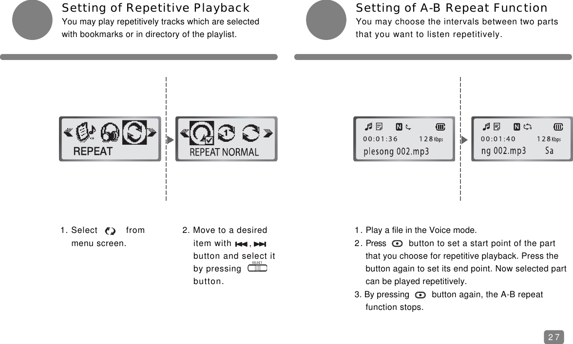 Setting of A-B Repeat FunctionYou may choose the intervals between two partsthat you want to listen repetitively.1. Select          from menu screen.Setting of Repetitive PlaybackYou may play repetitively tracks which are selectedwith bookmarks or in directory of the playlist. 2. Move to a desired item with      ,    button and select it by pressing          button.1. Play a file in the Voice mode.2. Press button to set a start point of the part that you choose for repetitive playback. Press the button again to set its end point. Now selected part can be played repetitively.3. By pressing button again, the A-B repeat function stops.27