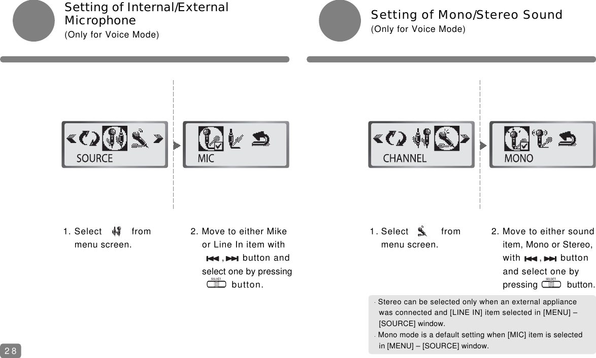 Setting of Mono/Stereo Sound(Only for Voice Mode)1. Select          from menu screen.Setting of Internal/ExternalMicrophone(Only for Voice Mode)2. Move to either Mike or Line In item with,      button and select one by pressingbutton.1. Select           from menu screen.2. Move to either sound item, Mono or Stereo,with      ,      button and select one by pressing           button.Stereo can be selected only when an external appliance was connected and [LINE IN] item selected in [MENU] &ndash; [SOURCE] window.Mono mode is a default setting when [MIC] item is selected in [MENU] &ndash; [SOURCE] window.28