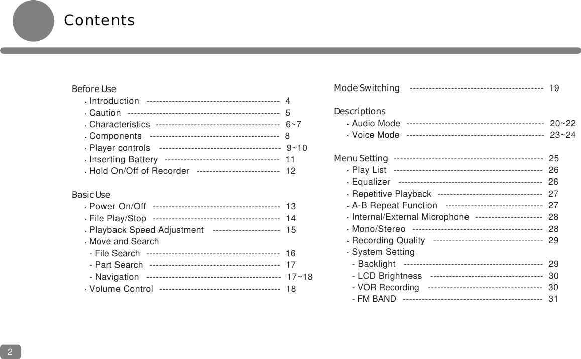Contents2Before UseIntroduction   ------------------------------------------  4 Caution  ------------------------------------------------  5  Characteristics  ---------------------------------------  6~7Components   -----------------------------------------  8Player controls   --------------------------------------  9~10Inserting Battery  ------------------------------------  11Hold On/Off of Recorder   --------------------------  12Basic UsePower On/Off  ----------------------------------------  13File Play/Stop  ----------------------------------------  14Playback Speed Adjustment   ---------------------  15Move and Search- File Search   ------------------------------------------  16- Part Search  -----------------------------------------  17- Navigation   ------------------------------------------  17~18Volume Control  --------------------------------------  18 Mode Switching ------------------------------------------  19DescriptionsAudio Mode  -------------------------------------------  20~22Voice Mode  -------------------------------------------  23~24Menu Setting -----------------------------------------------  25Play List   -----------------------------------------------  26Equalizer   ----------------------------------------------  26Repetitive Playback  ---------------------------------  27A-B Repeat Function   -------------------------------  27Internal/External Microphone  ---------------------  28Mono/Stereo  -----------------------------------------  28Recording Quality   -----------------------------------  29System Setting- Backlight   --------------------------------------------  29- LCD Brightness   ------------------------------------  30- VOR Recording   ------------------------------------  30- FM BAND  --------------------------------------------  31